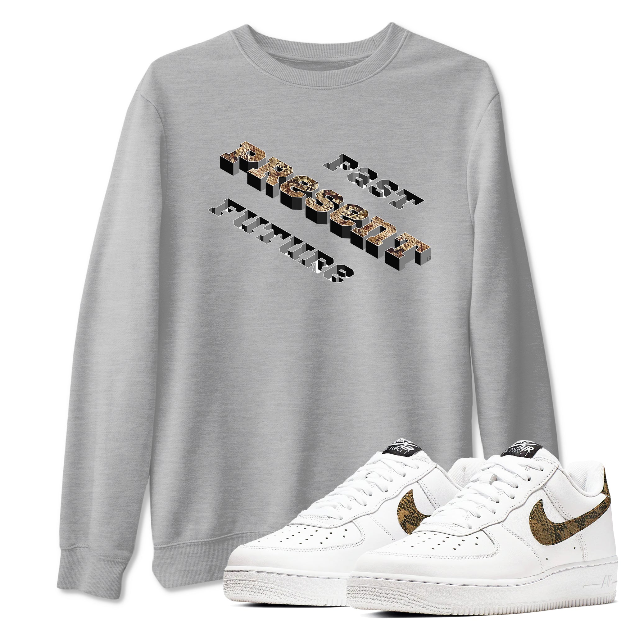 AF1 Ivory Snake shirt to match jordans Past Present Future sneaker tees Air Force 1 Ivory Snake Drip Gear Zone unisex cotton Heather Grey 1 crew neck shirt