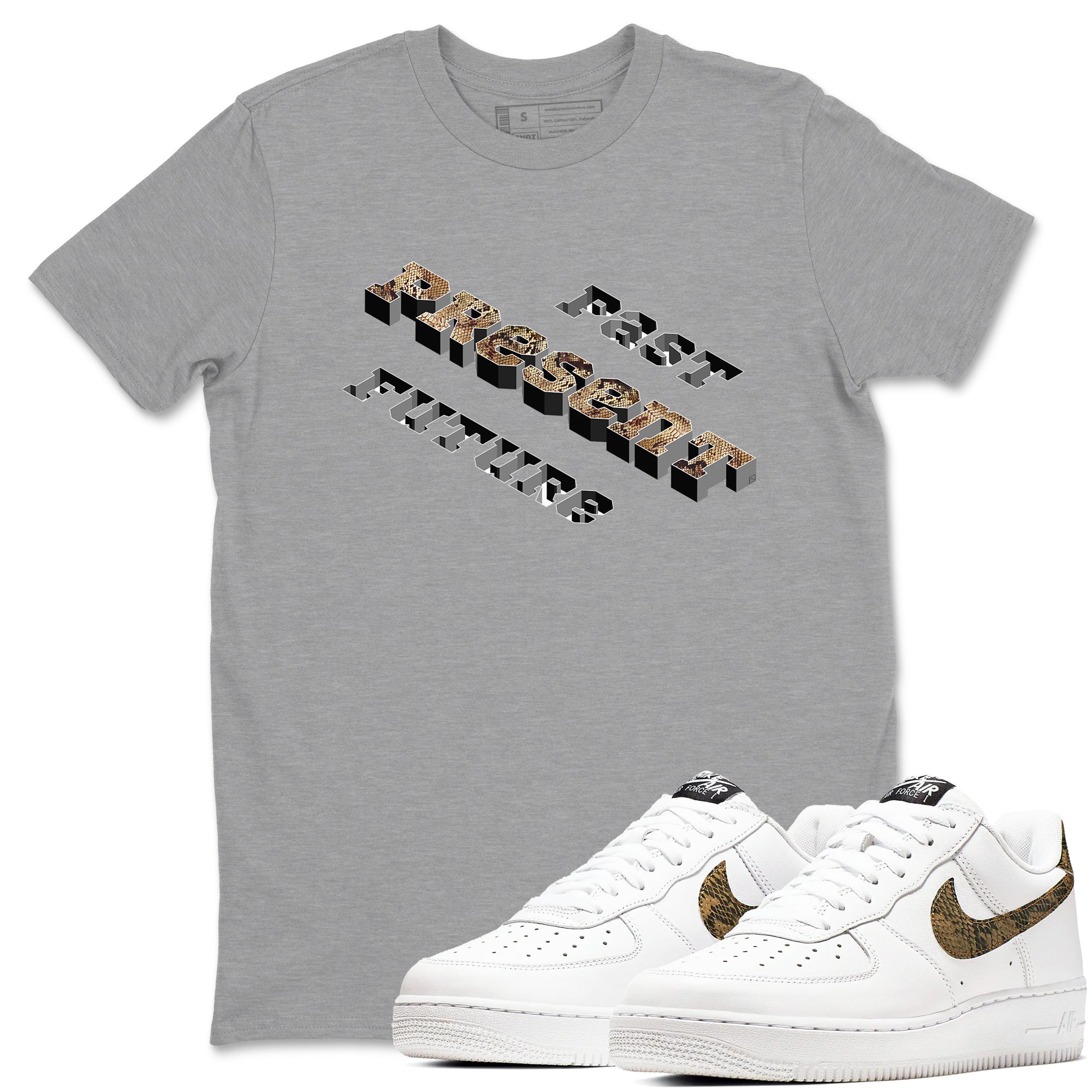 AF1 Ivory Snake shirt to match jordans Past Present Future sneaker tees Air Force 1 Ivory Snake Drip Gear Zone unisex cotton Heather Grey 1 crew neck shirt