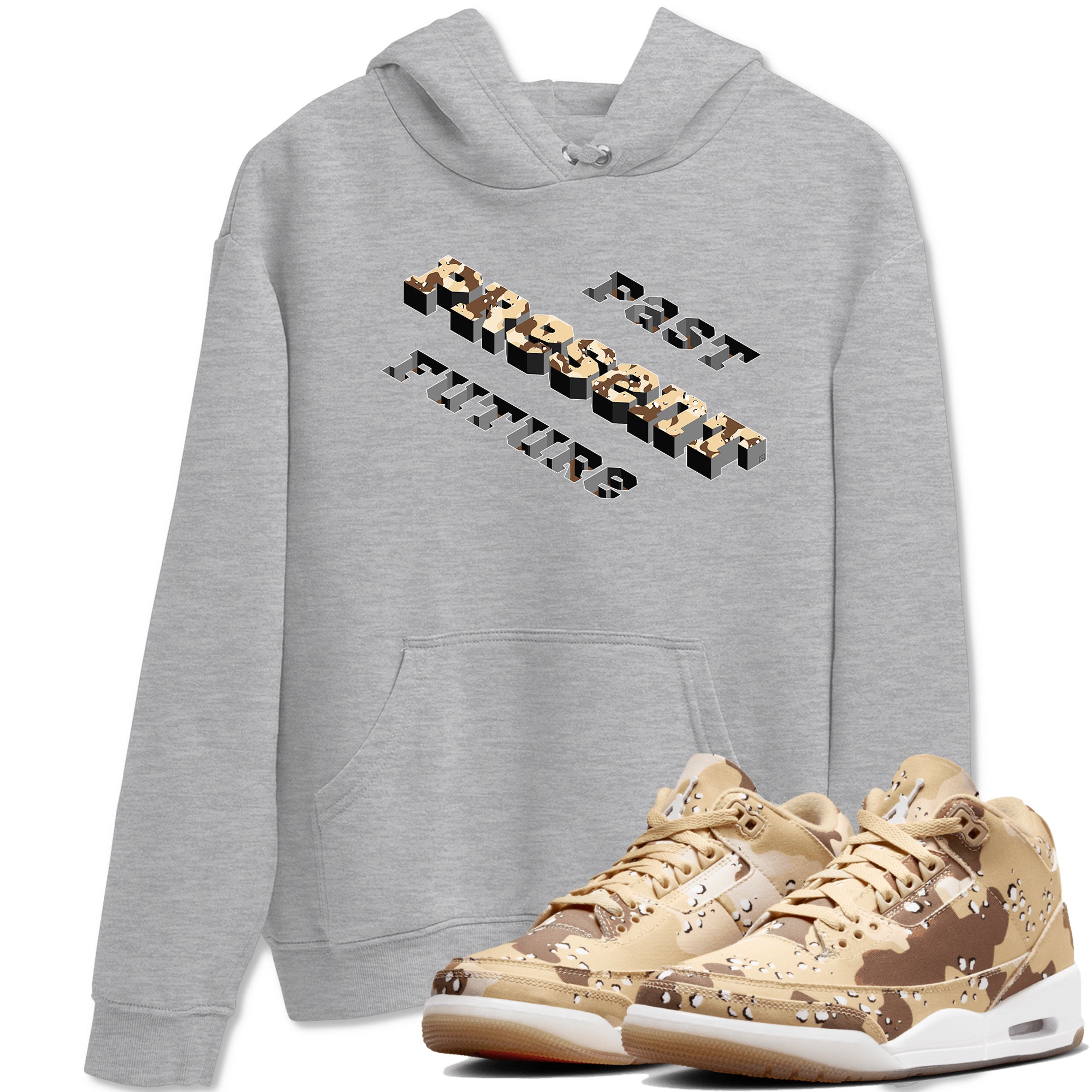 3s Desert Camo shirts to match jordans Past Present Future sneaker match tees Air Jordan 3 Desert Camo Drip Gear Zone streetwear brand Heather Grey 1 unisex cotton tee