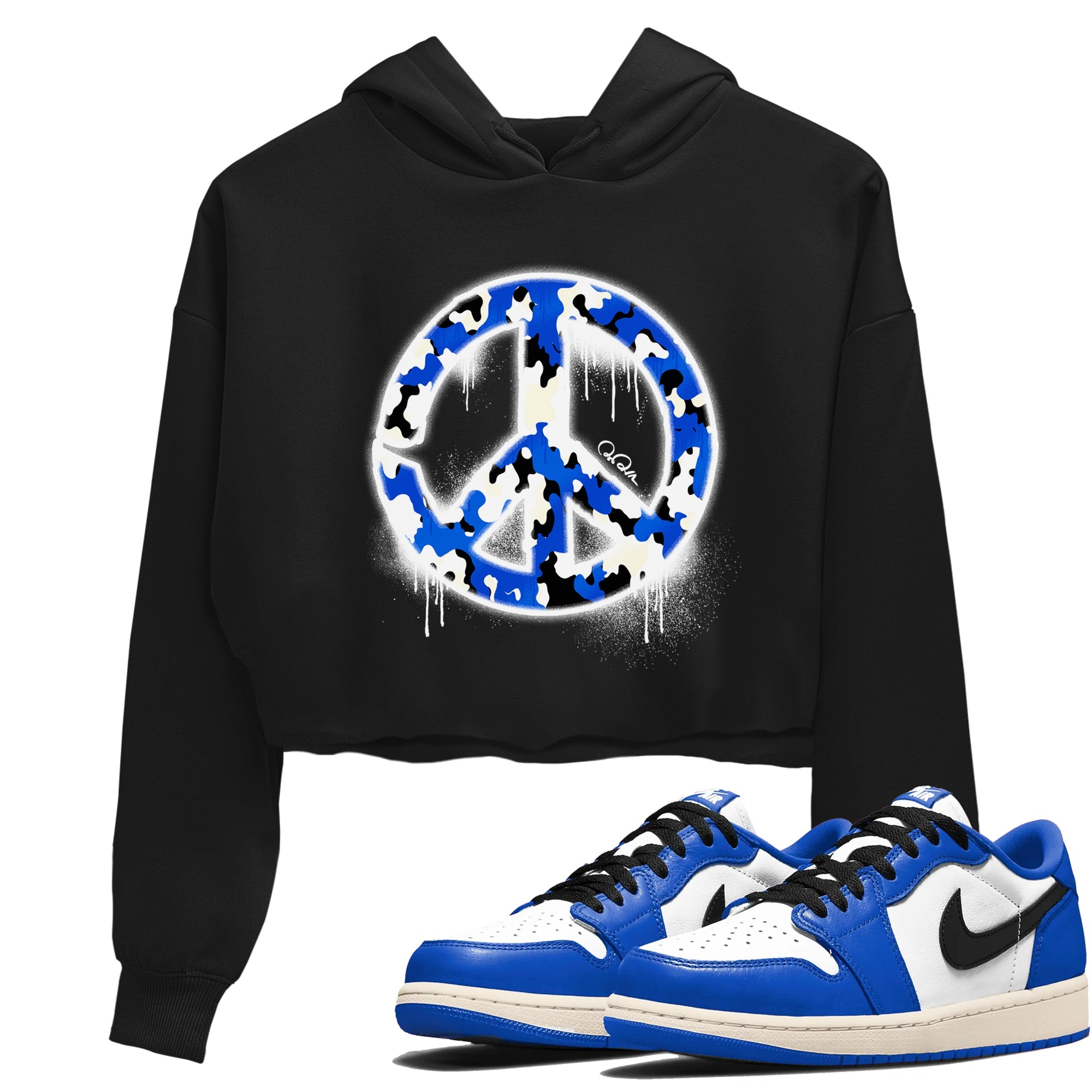 AJ1 Game Royal shirt to match jordans Peace Sign sneaker tees Air Jordan 1 Game Royal Drip Gear Zone Black 1 crop length shirt