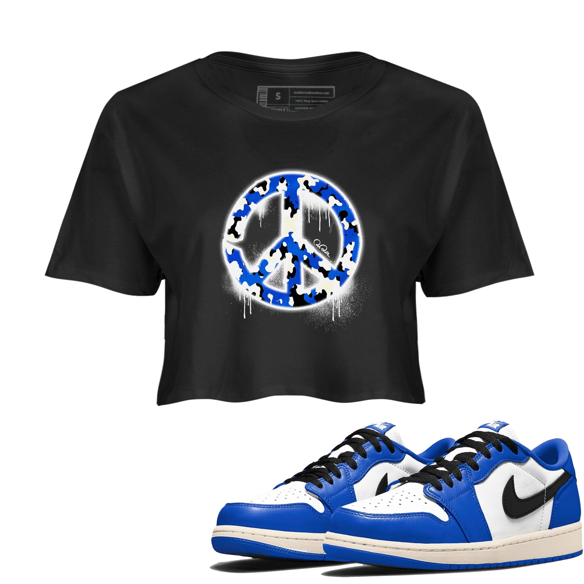 AJ1 Game Royal shirt to match jordans Peace Sign sneaker tees Air Jordan 1 Game Royal Drip Gear Zone Black 1 crop length shirt