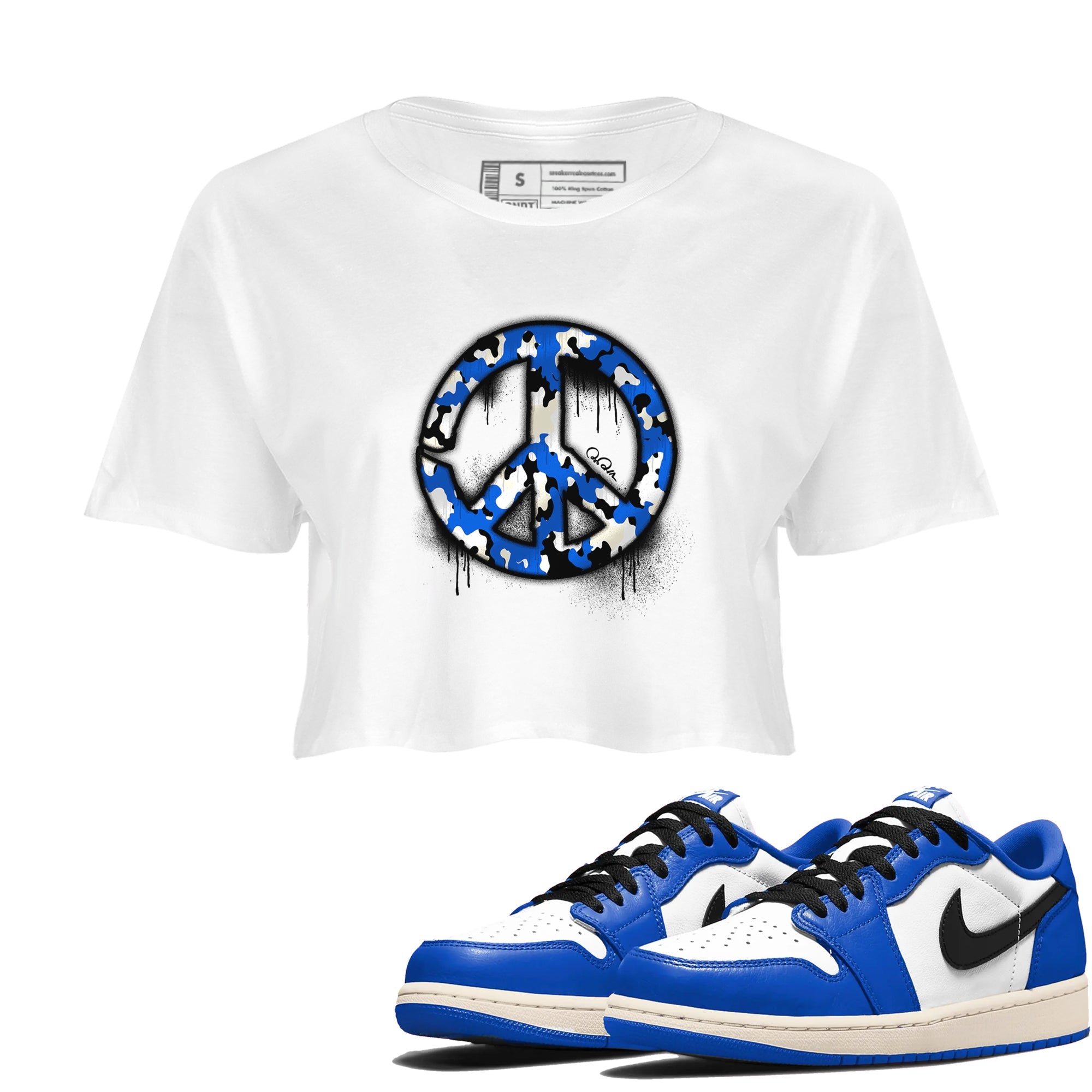 AJ1 Game Royal shirt to match jordans Peace Sign sneaker tees Air Jordan 1 Game Royal Drip Gear Zone White 1 crop length shirt