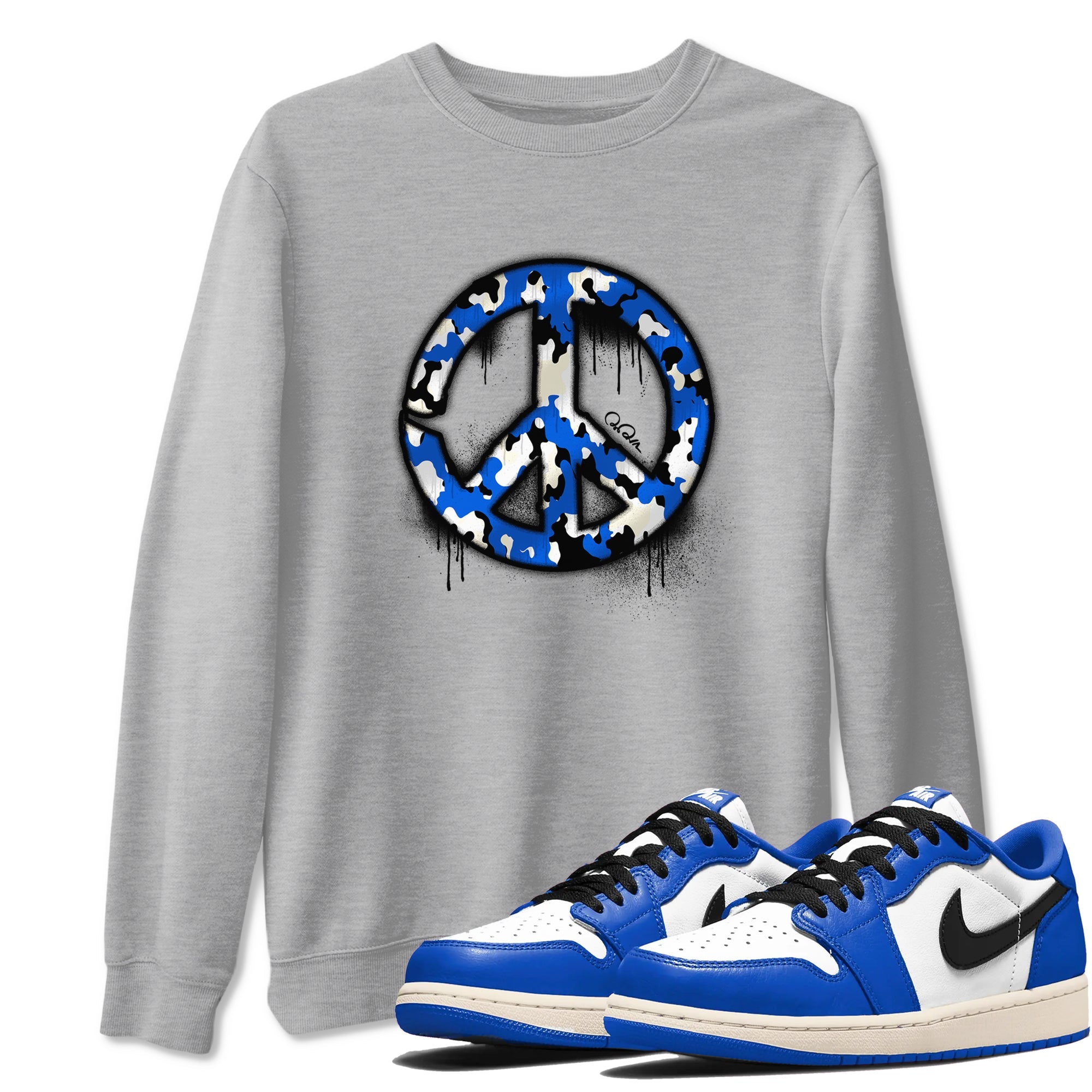AJ1 Game Royal shirt to match jordans Peace Sign sneaker tees Air Jordan 1 Game Royal Drip Gear Zone unisex cotton Heather Grey 1 crew neck shirt