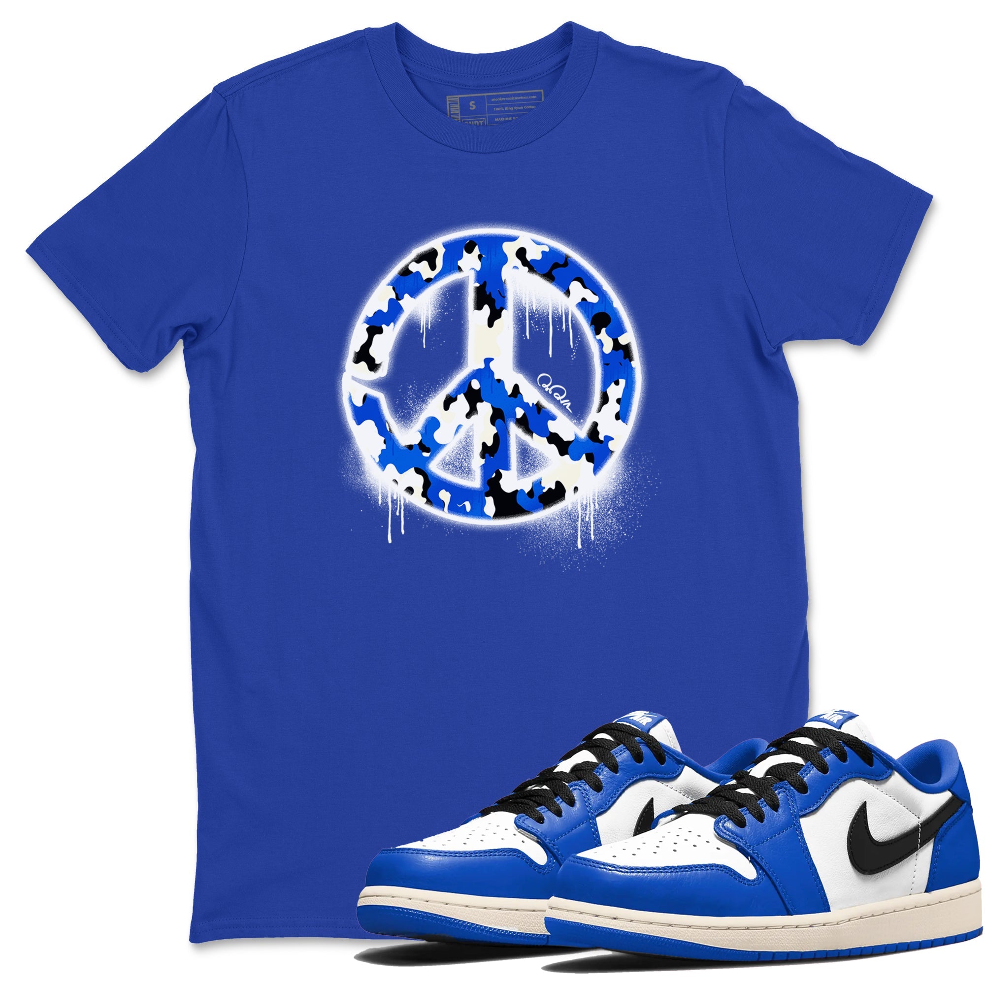 AJ1 Game Royal shirt to match jordans Peace Sign sneaker tees Air Jordan 1 Game Royal Drip Gear Zone unisex cotton Royal Blue 1 crew neck shirt