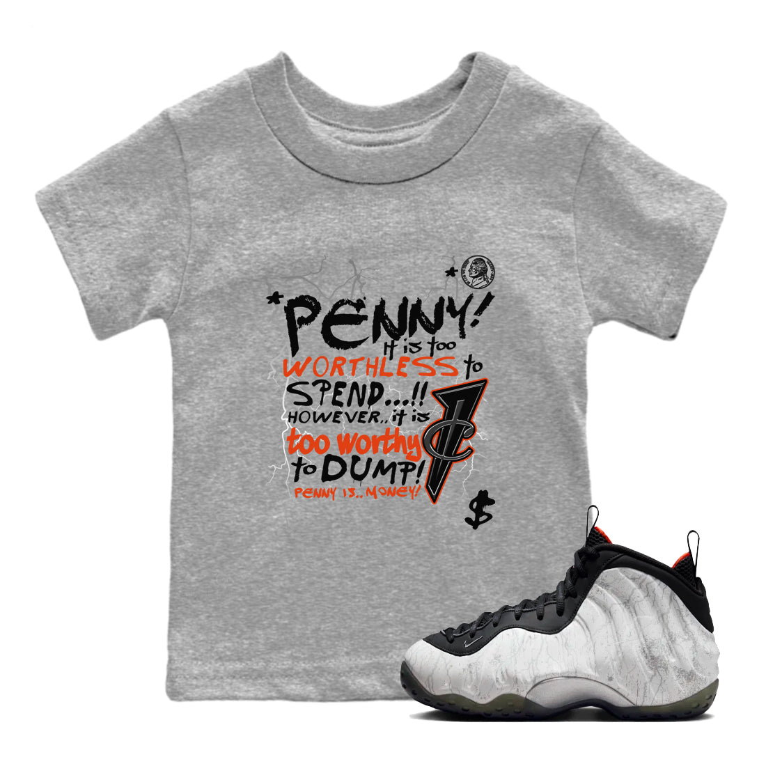 Foams One Jin shirts to match jordans Penny Is sneaker match tees Air Foamposite One Jin match shoes to clothes Drip Gear Zone Youth Baby Heather Grey 1 tee
