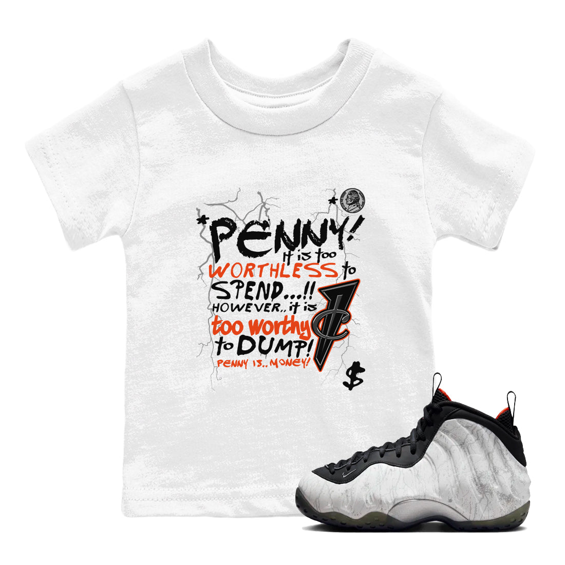 Foams One Jin shirts to match jordans Penny Is sneaker match tees Air Foamposite One Jin match shoes to clothes Drip Gear Zone Youth Baby White 1 tee