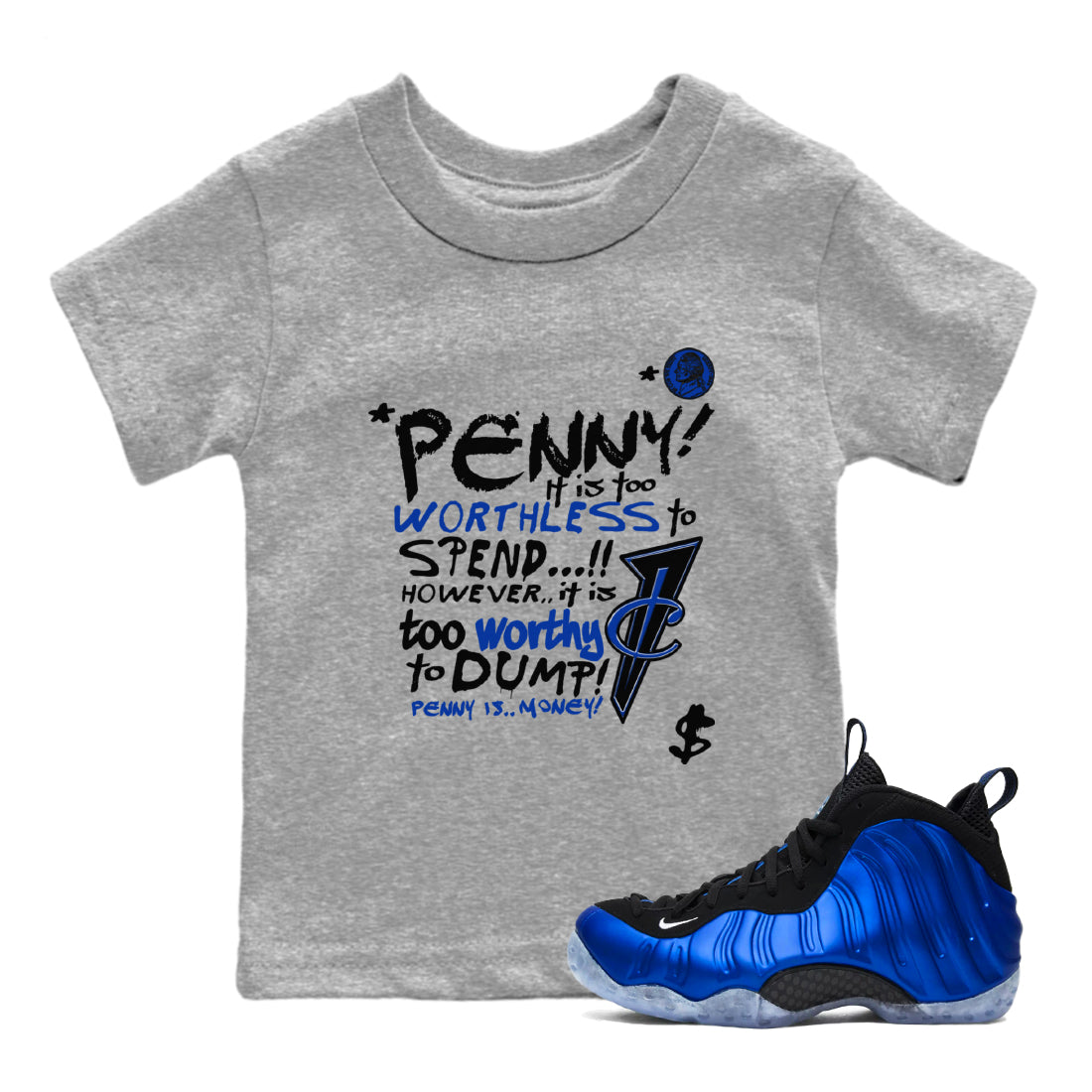 Foams One Royal shirts to match jordans Penny Is sneaker match tees Air Foamposite One Royal match shoes to clothes Drip Gear Zone Youth Baby Heather Grey 1 tee