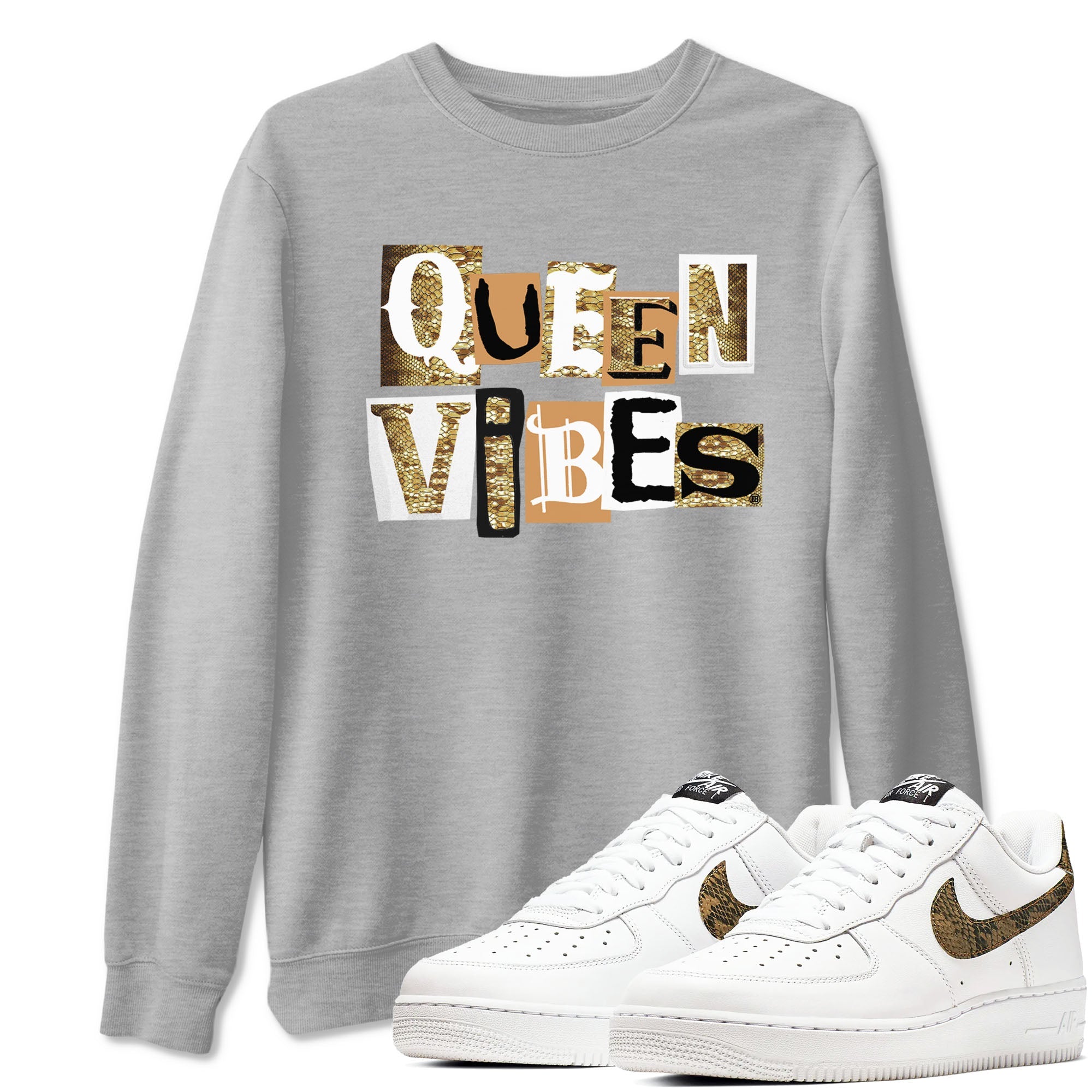 Air Force 1 Ivory Snake shirt to match jordans Queen Vibes sneaker tees Air Force 1 Ivory Snake Drip Gear Zone unisex cotton Heather Grey 1 crew neck shirt