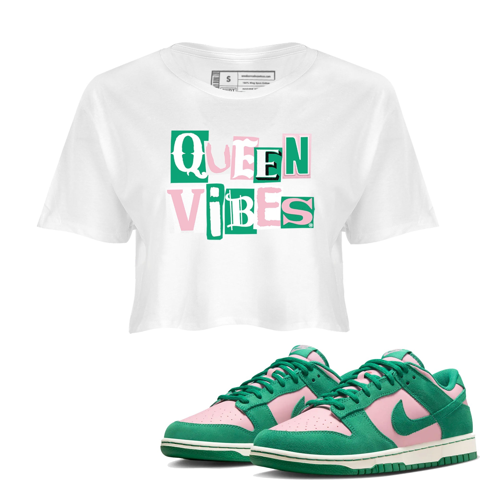 Dunk Low Medium Soft Pink Malachite shirt to match jordans Queen Vibes sneaker tees Dunks Medium Soft Pink Malachite Streetwear Brand Drip Gear Zone White 1 crop length shirt
