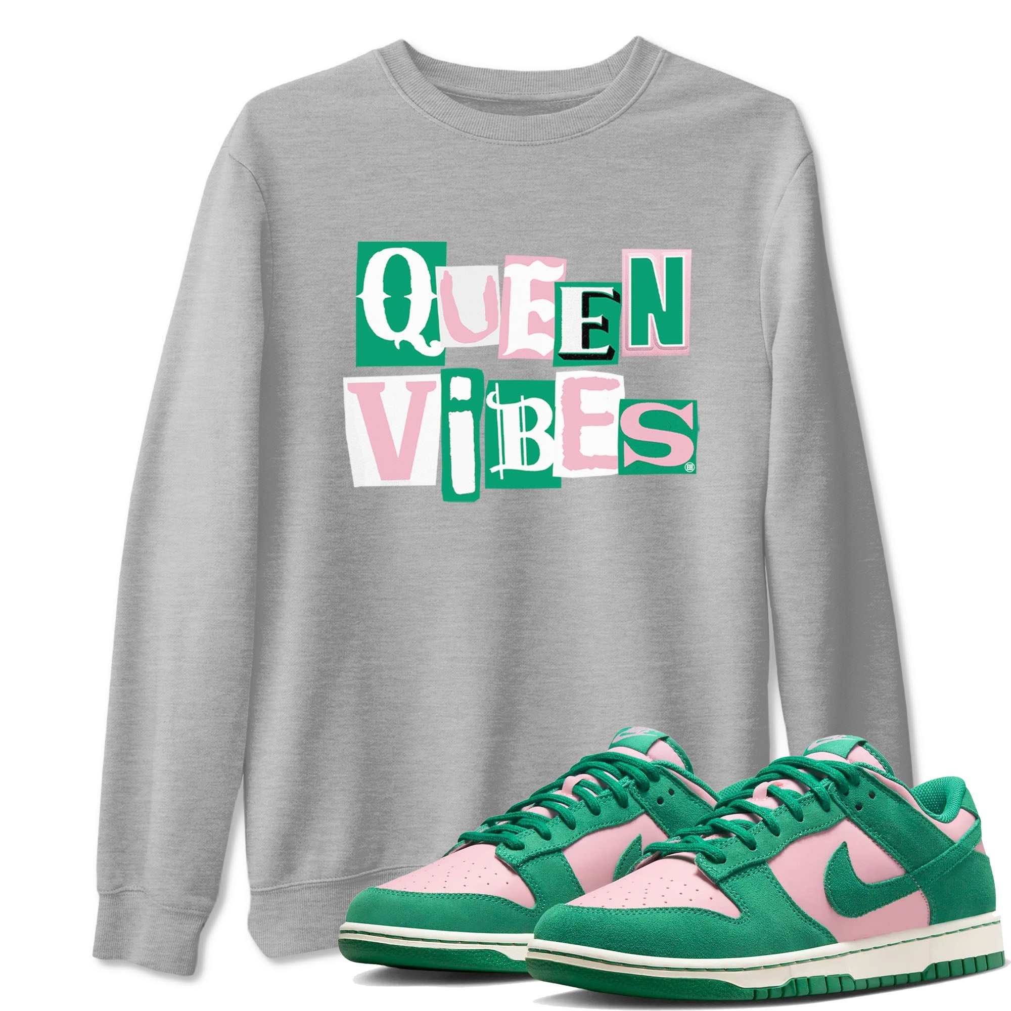 Dunk Low Medium Soft Pink Malachite shirt to match jordans Queen Vibes sneaker tees Dunks Medium Soft Pink Malachite Streetwear Brand Drip Gear Zone unisex cotton Heather Grey 1 crew neck shirt