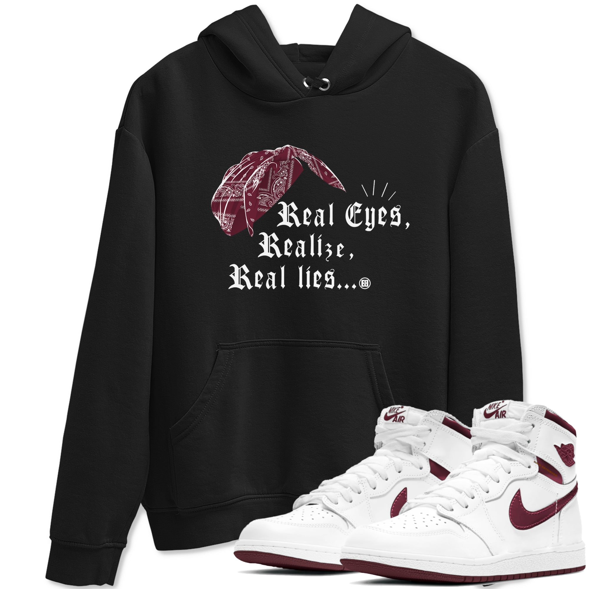 Air Jordan 1 High OG Metallic Burgundy shirts to match jordans Real Eyes Realize Real Lies sneaker match tees Air Jordan 1 Metallic Burgundy Drip Gear Zone streetwear brand Black 1 unisex cotton tee