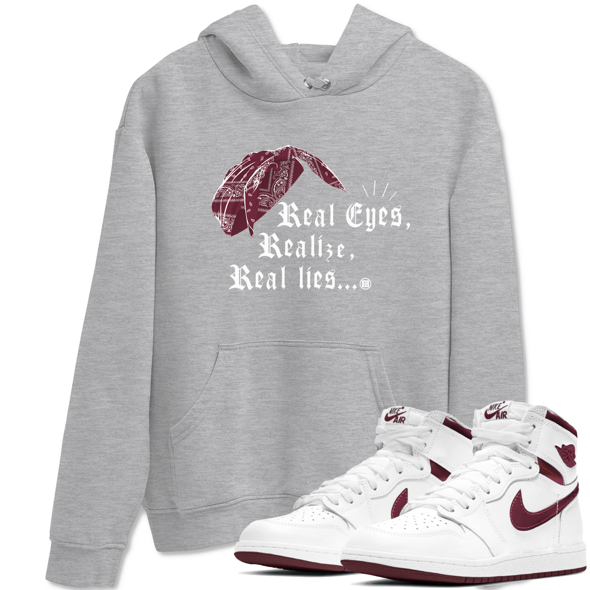 Air Jordan 1 High OG Metallic Burgundy shirts to match jordans Real Eyes Realize Real Lies sneaker match tees Air Jordan 1 Metallic Burgundy Drip Gear Zone streetwear brand Heather Grey 1 unisex cotton tee