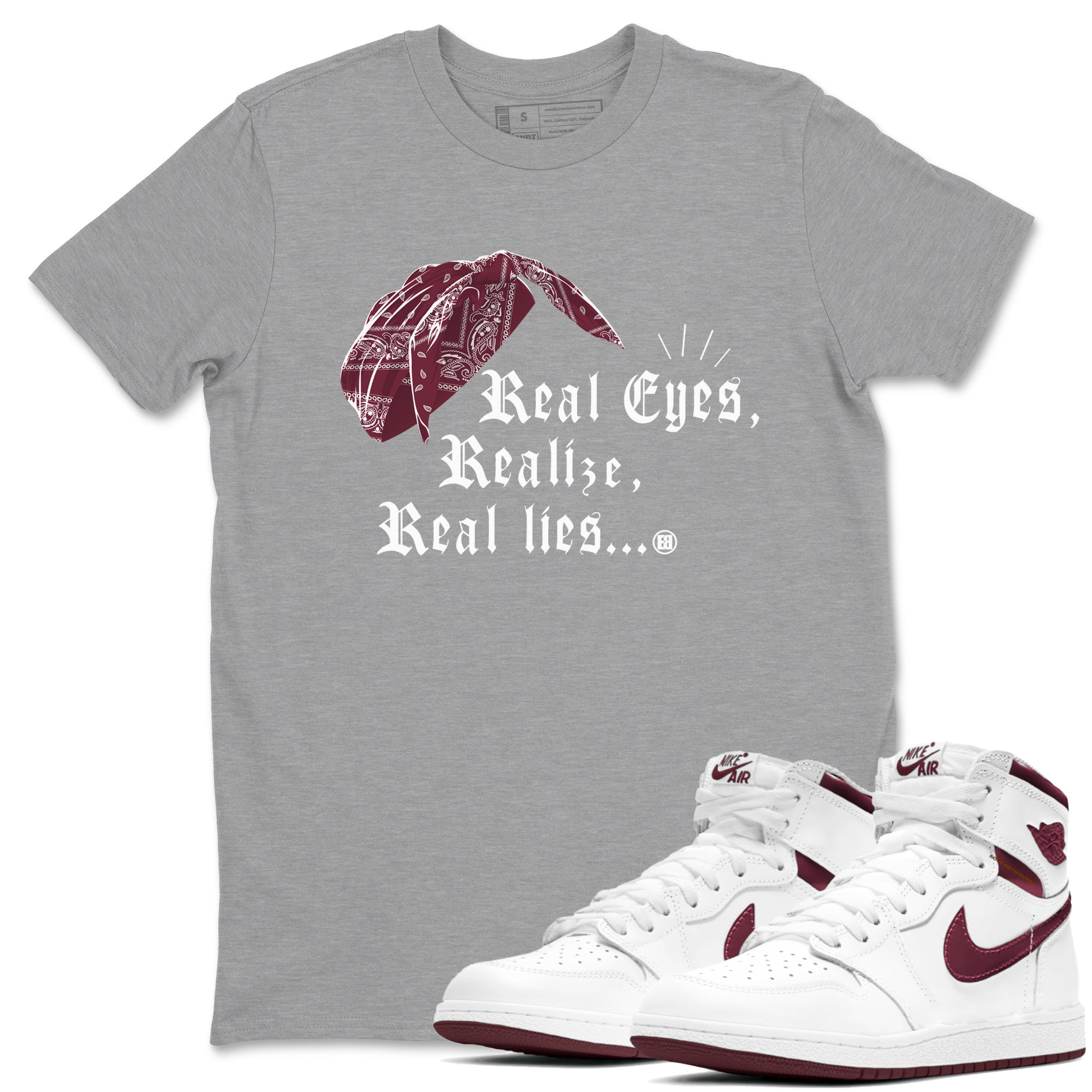 Air Jordan 1 High OG Metallic Burgundy shirts to match jordans Real Eyes Realize Real Lies sneaker match tees Air Jordan 1 Metallic Burgundy Drip Gear Zone streetwear brand Heather Grey 1 unisex cotton tee