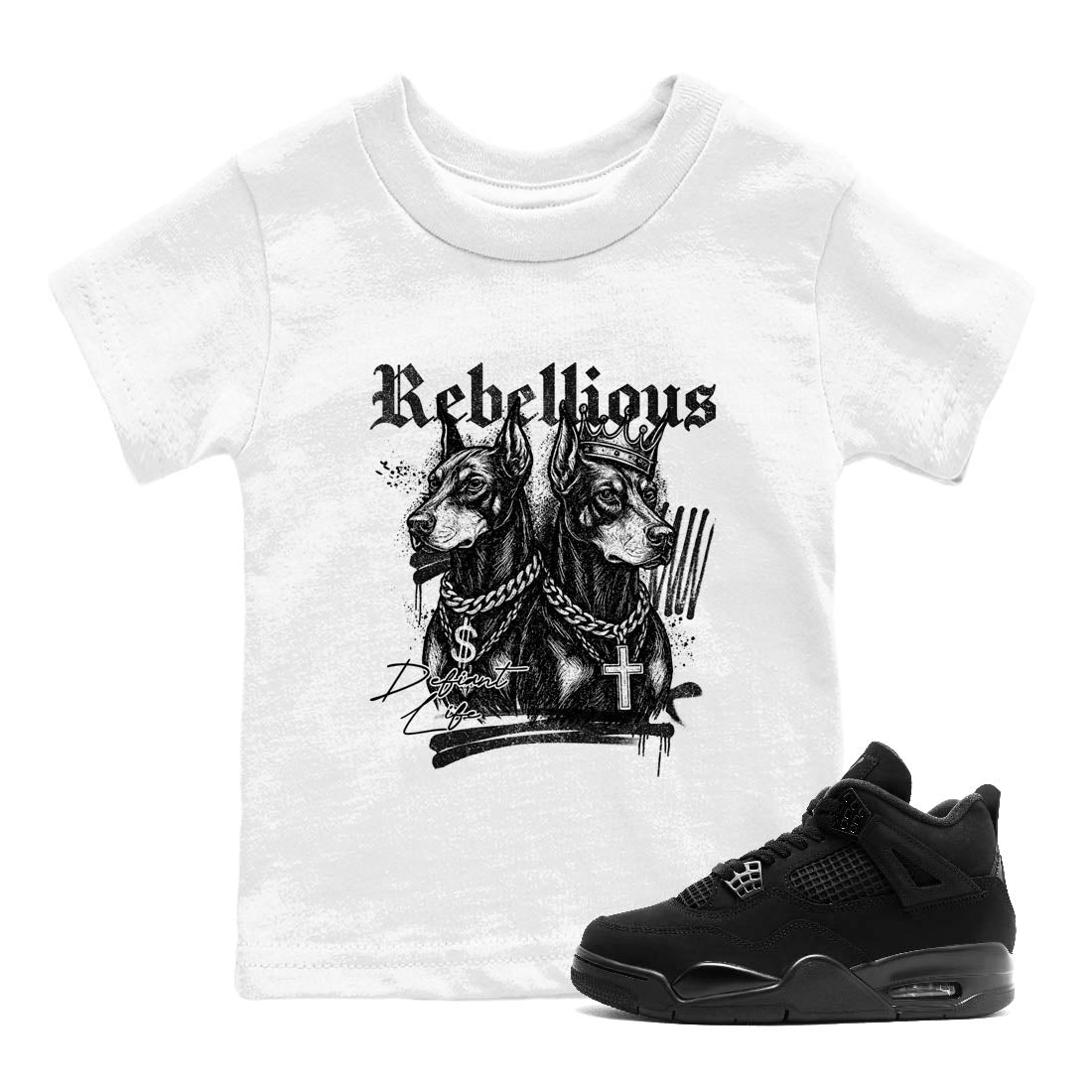 Sneaker Threads  Sneaker Tees To Match Air Jordan 4 Black Cat  Rebellious Youth Graphic Tee White 1. Perfect for Jordan releases 2025 colorways.