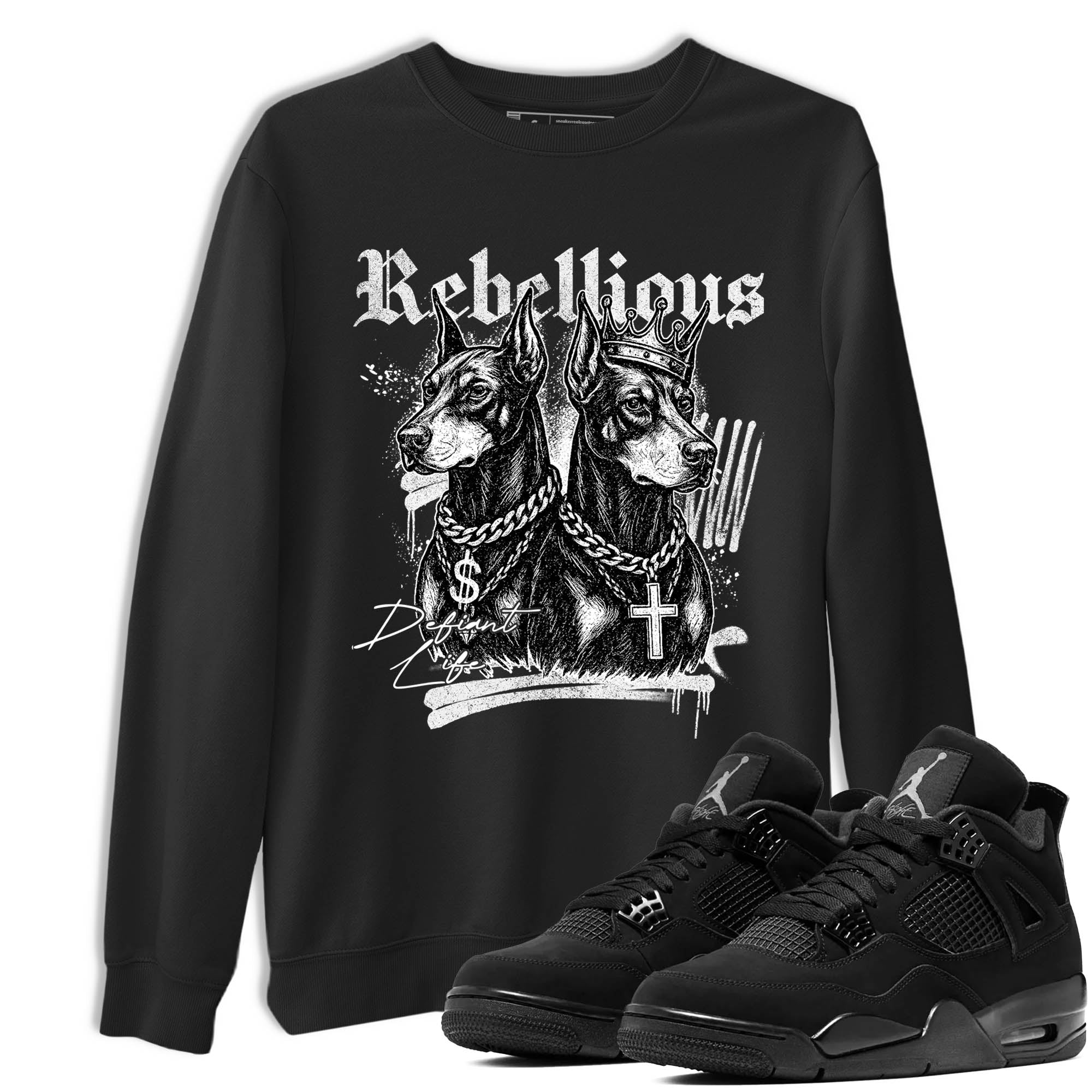 Sneaker Threads  Sneaker Tees To Match Air Jordan 4 Black Cat  Rebellious Graphic Tee Black 1. Perfect for Jordan releases 2025 colorways.