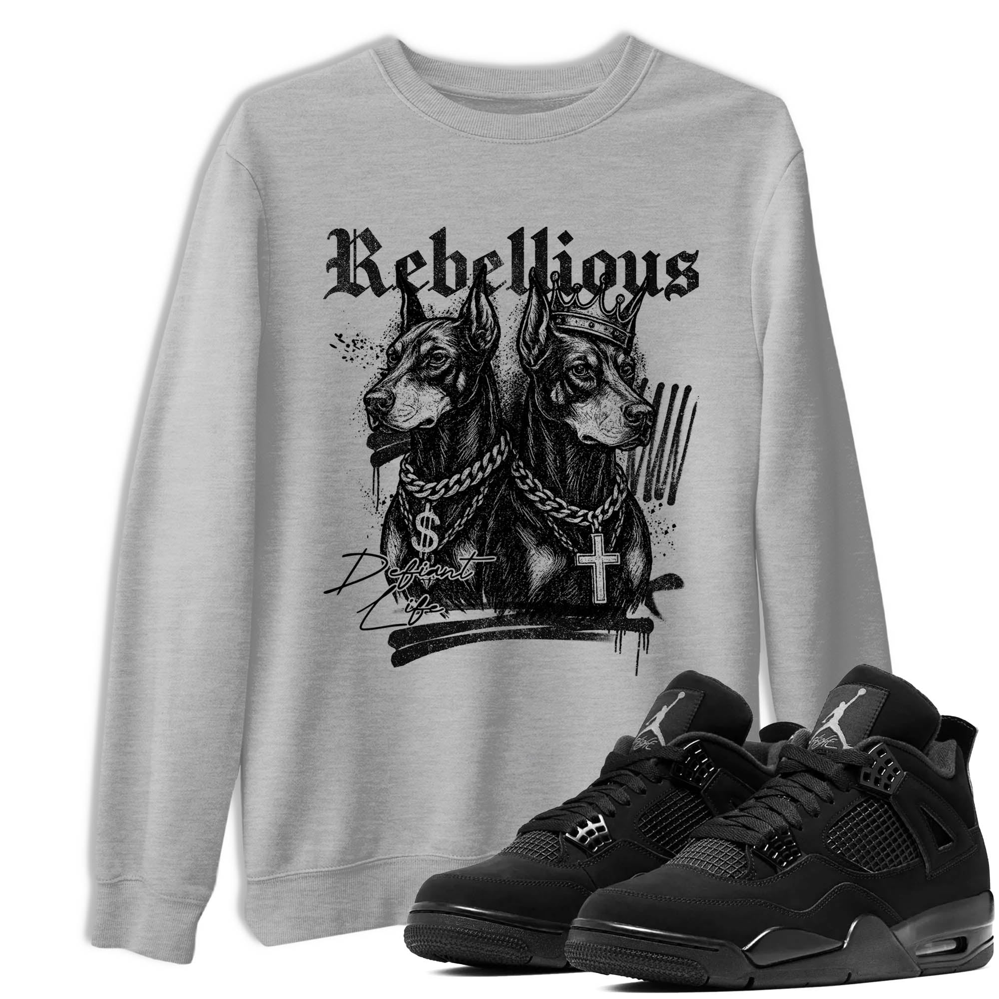 Sneaker Threads  Sneaker Tees To Match Air Jordan 4 Black Cat  Rebellious Graphic Tee Heather Grey 1. Perfect for Jordan releases 2025 colorways.