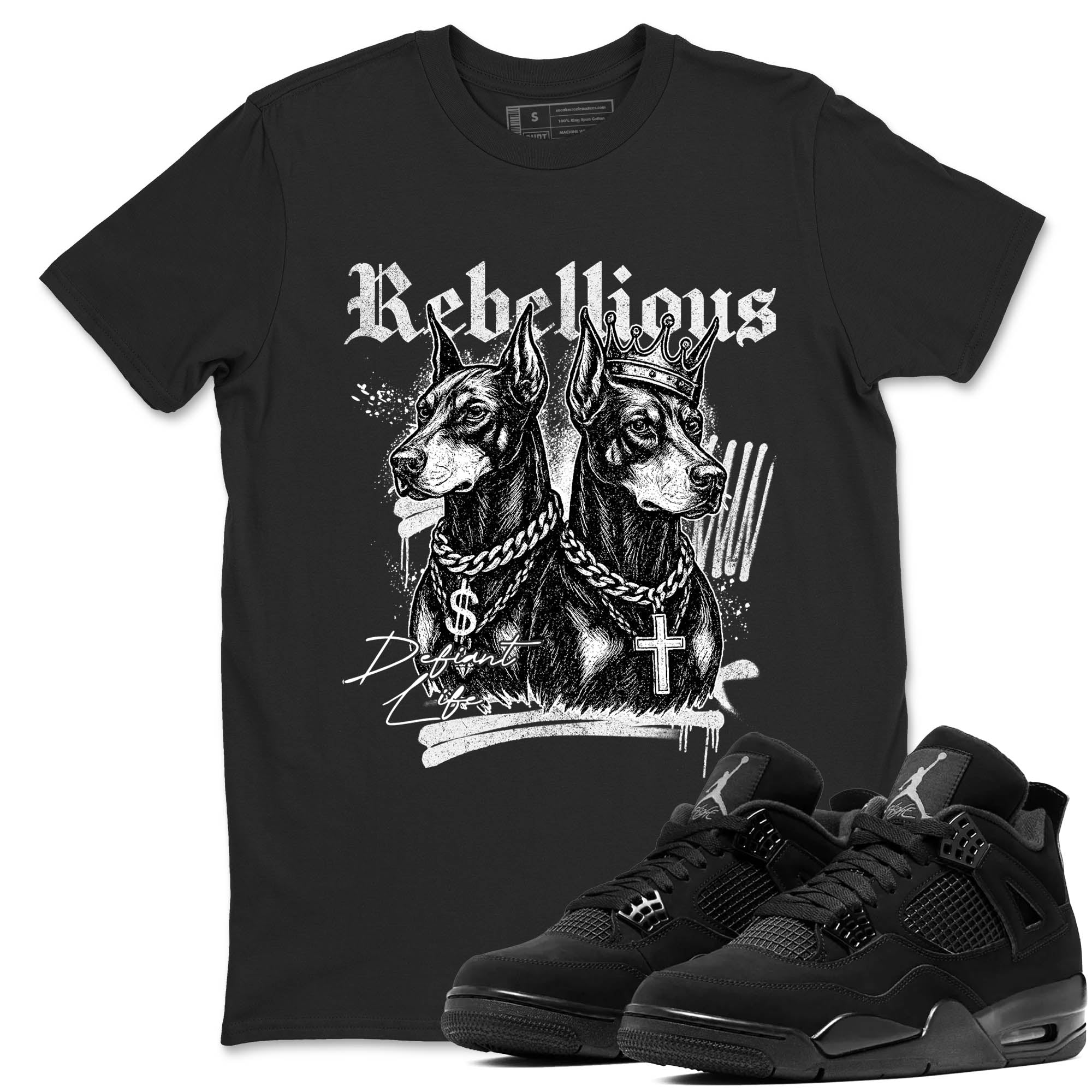 Sneaker Threads  Sneaker Tees To Match Air Jordan 4 Black Cat  Rebellious Graphic Tee Black 1. Perfect for Jordan releases 2025 colorways.