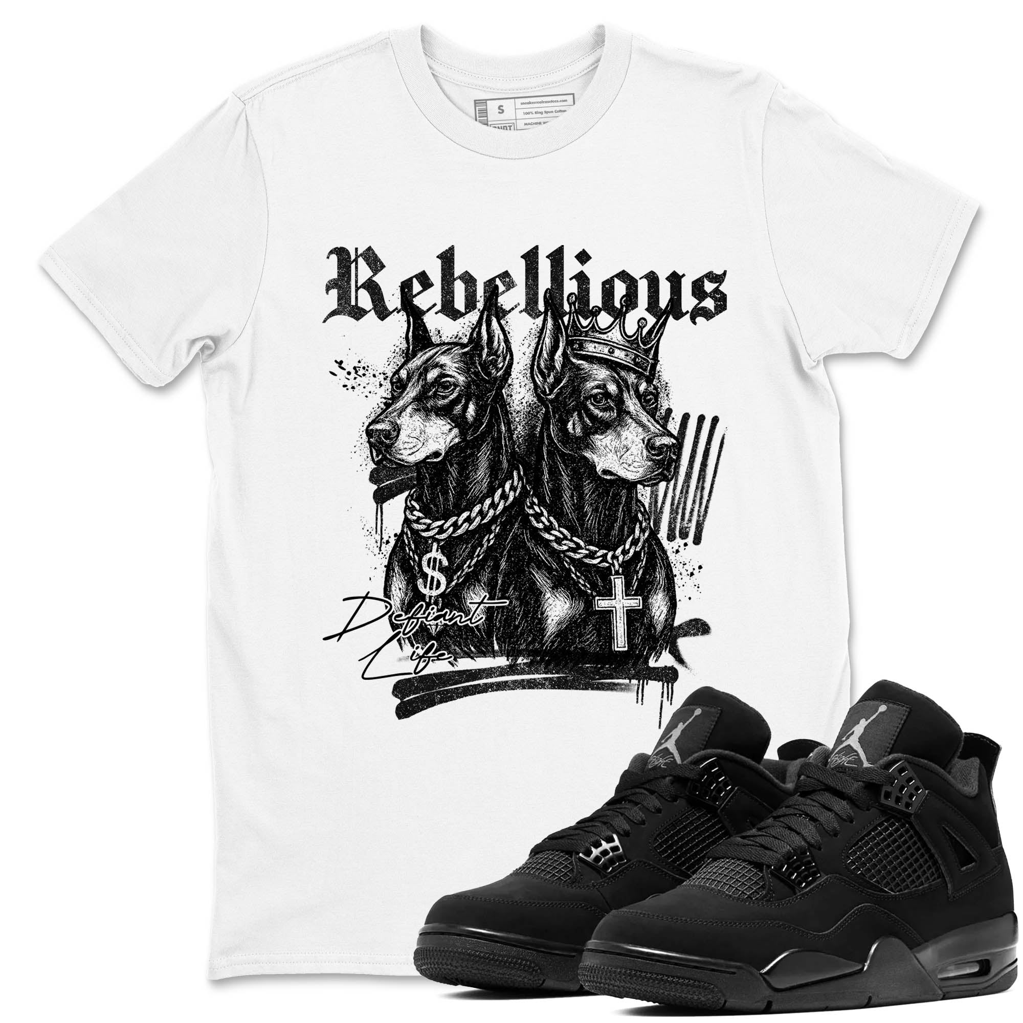 Sneaker Threads  Sneaker Tees To Match Air Jordan 4 Black Cat  Rebellious Graphic Tee White 1. Perfect for Jordan releases 2025 colorways.