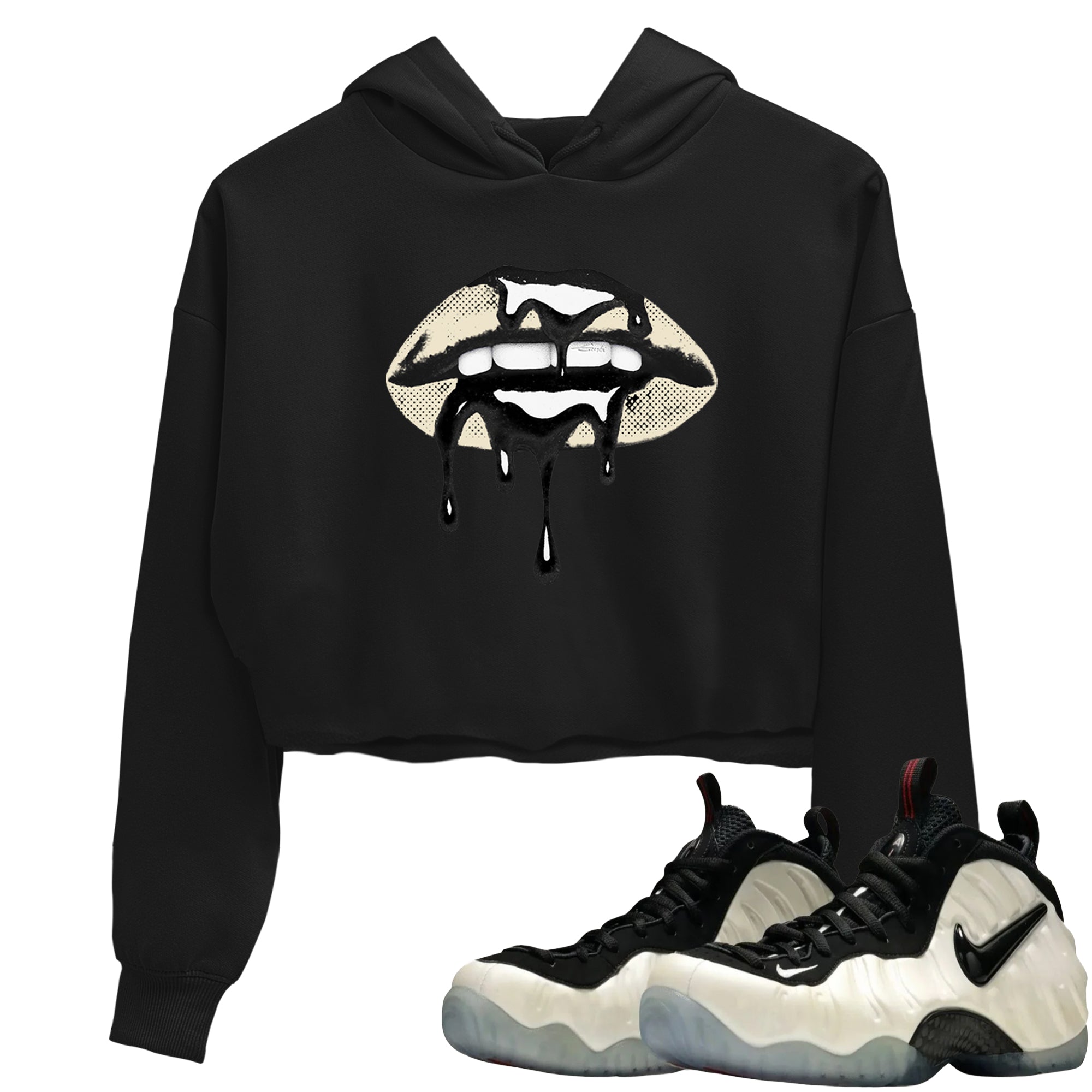 Sneaker Threads  Sneaker Tees To Match Air Foamposite One Pearl  Retro Dripping Lips Crop Tee Black 1. Perfect for Jordan releases 2025 colorways.