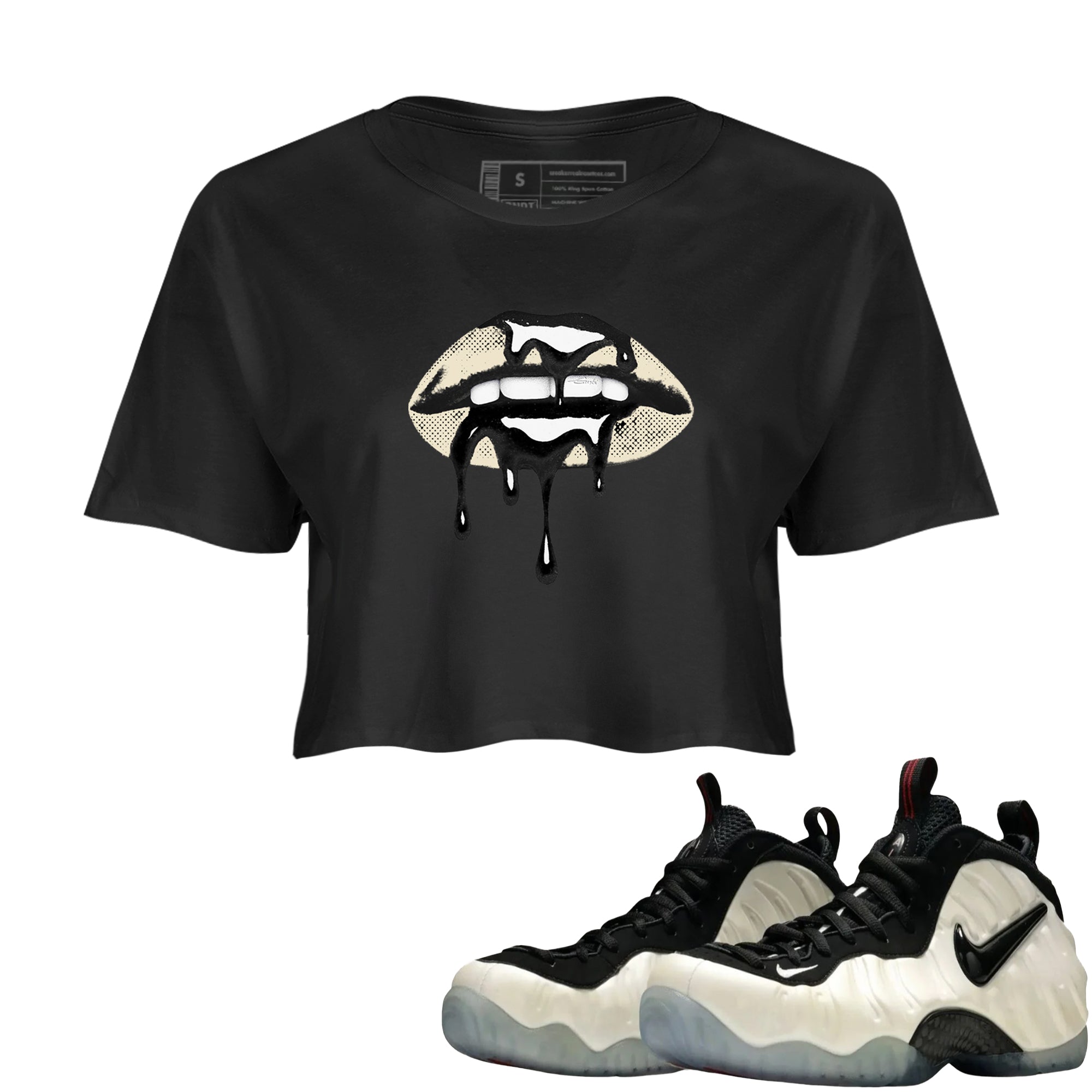 Sneaker Threads  Sneaker Tees To Match Air Foamposite One Pearl  Retro Dripping Lips Crop Tee Black 1. Perfect for Jordan releases 2025 colorways.