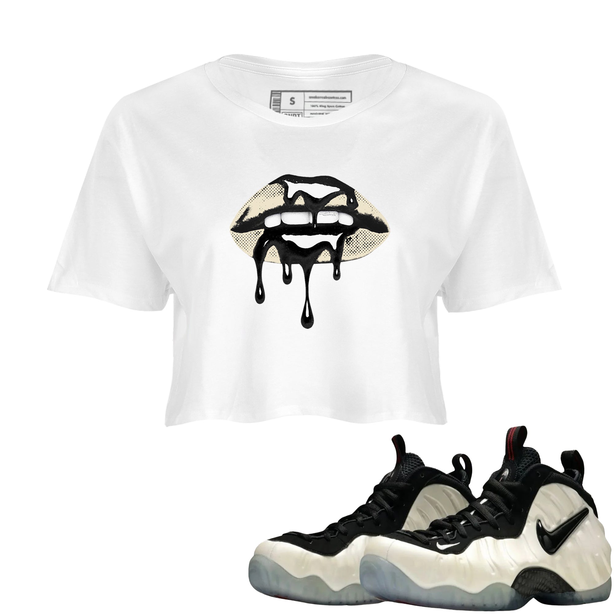 Sneaker Threads  Sneaker Tees To Match Air Foamposite One Pearl  Retro Dripping Lips Crop Tee White 1. Perfect for Jordan releases 2025 colorways.