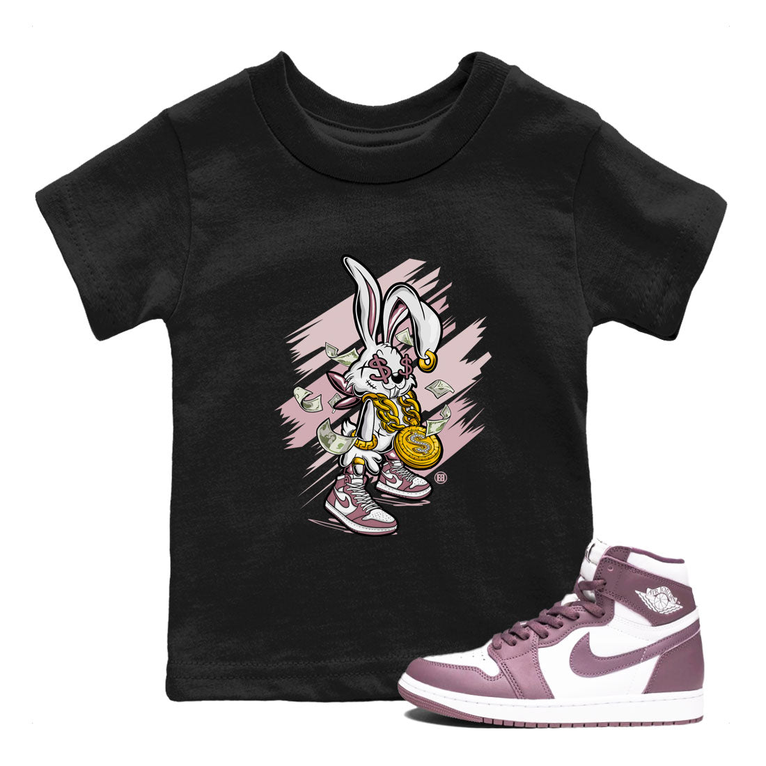 Jordan 1 High OG Mauve shirt to match jordans Rich Bunny sneaker tees Air Jordan 1 Mauve Drip Gear Zone Casual Crew Neck T-Shirt Baby Toddler Black 1 T-Shirt