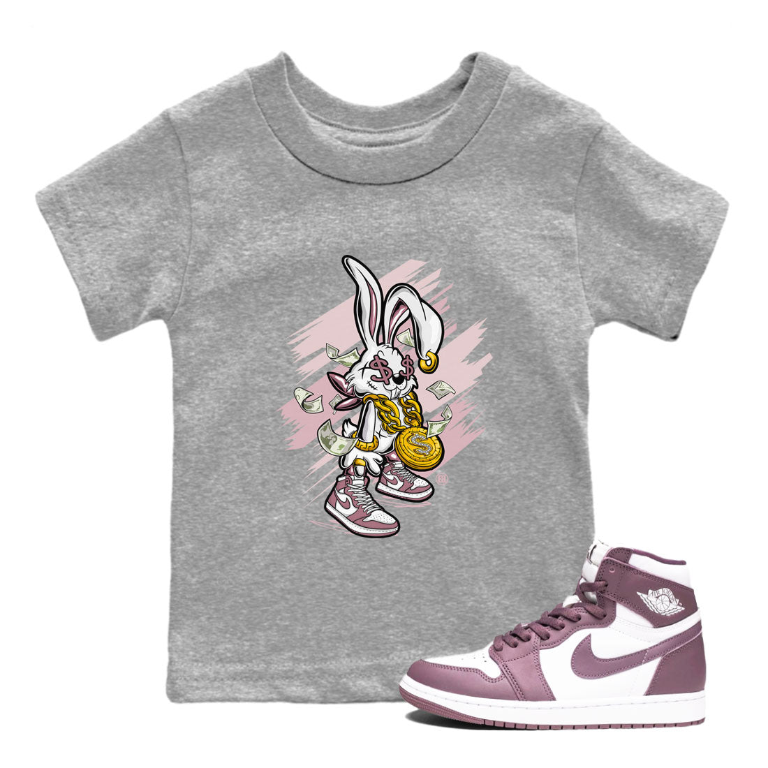 Jordan 1 High OG Mauve shirt to match jordans Rich Bunny sneaker tees Air Jordan 1 Mauve Drip Gear Zone Casual Crew Neck T-Shirt Baby Toddler Heather Grey 1 T-Shirt