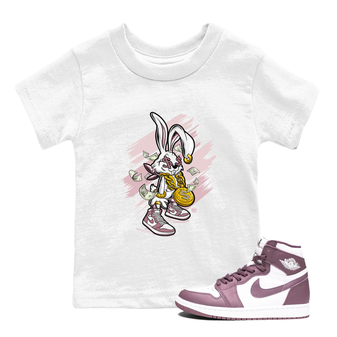 Jordan 1 High OG Mauve shirt to match jordans Rich Bunny sneaker tees Air Jordan 1 Mauve Drip Gear Zone Casual Crew Neck T-Shirt Baby Toddler White 1 T-Shirt