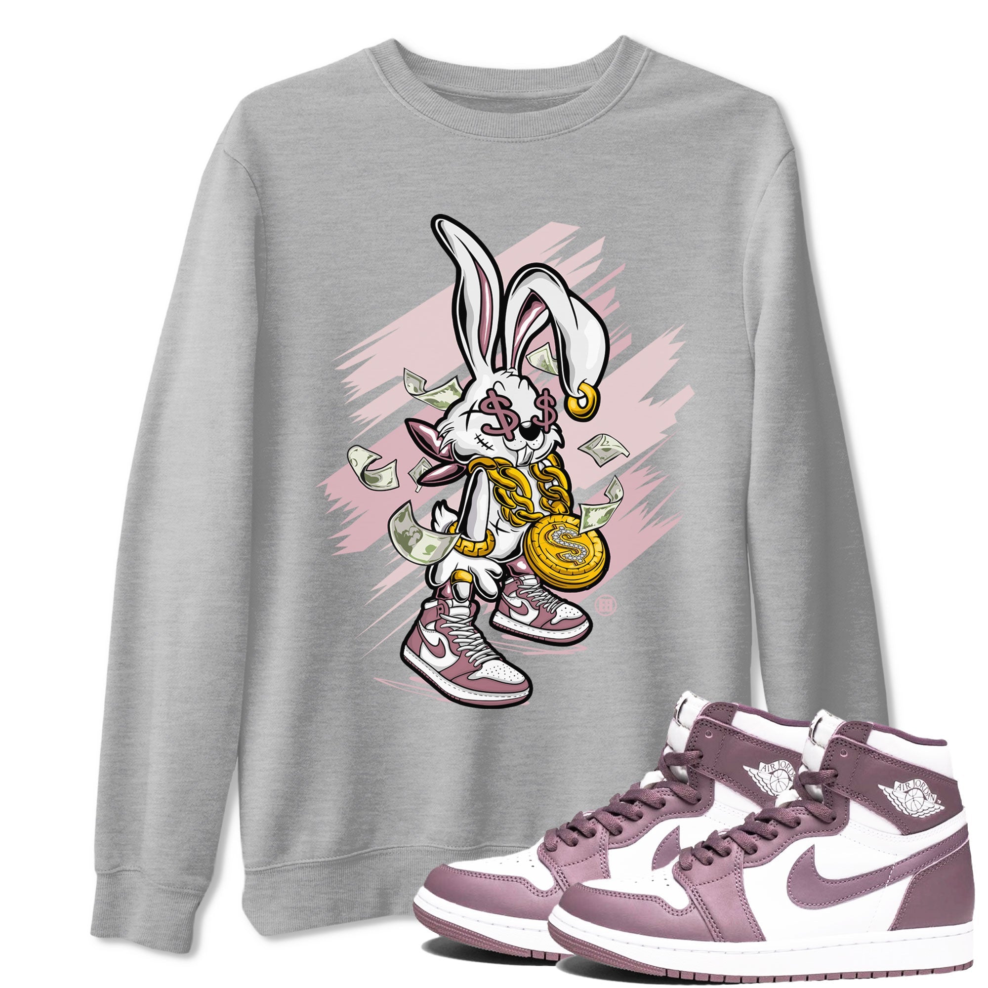 Jordan 1 High OG Mauve shirt to match jordans Rich Bunny sneaker tees Air Jordan 1 Mauve Drip Gear Zone Casual Crew Neck T-Shirt Unisex Heather Grey 1 T-Shirt