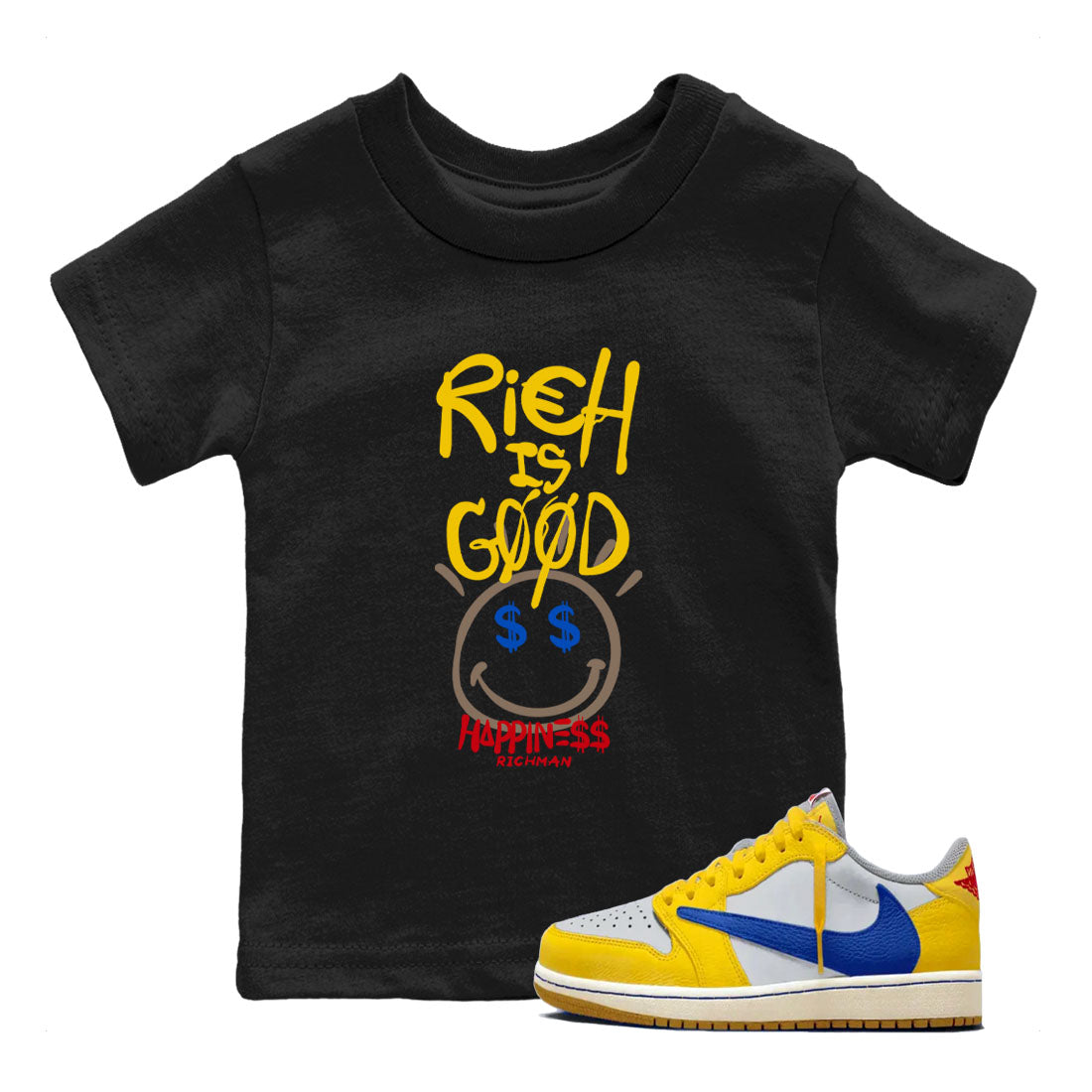 1s Travis Scott Canary shirt to match jordans Rich Is Good sneaker tees Air Jordan 1 Travis Scott Canary Drip Gear Zone baby toddler Black 1 cotton Shirt