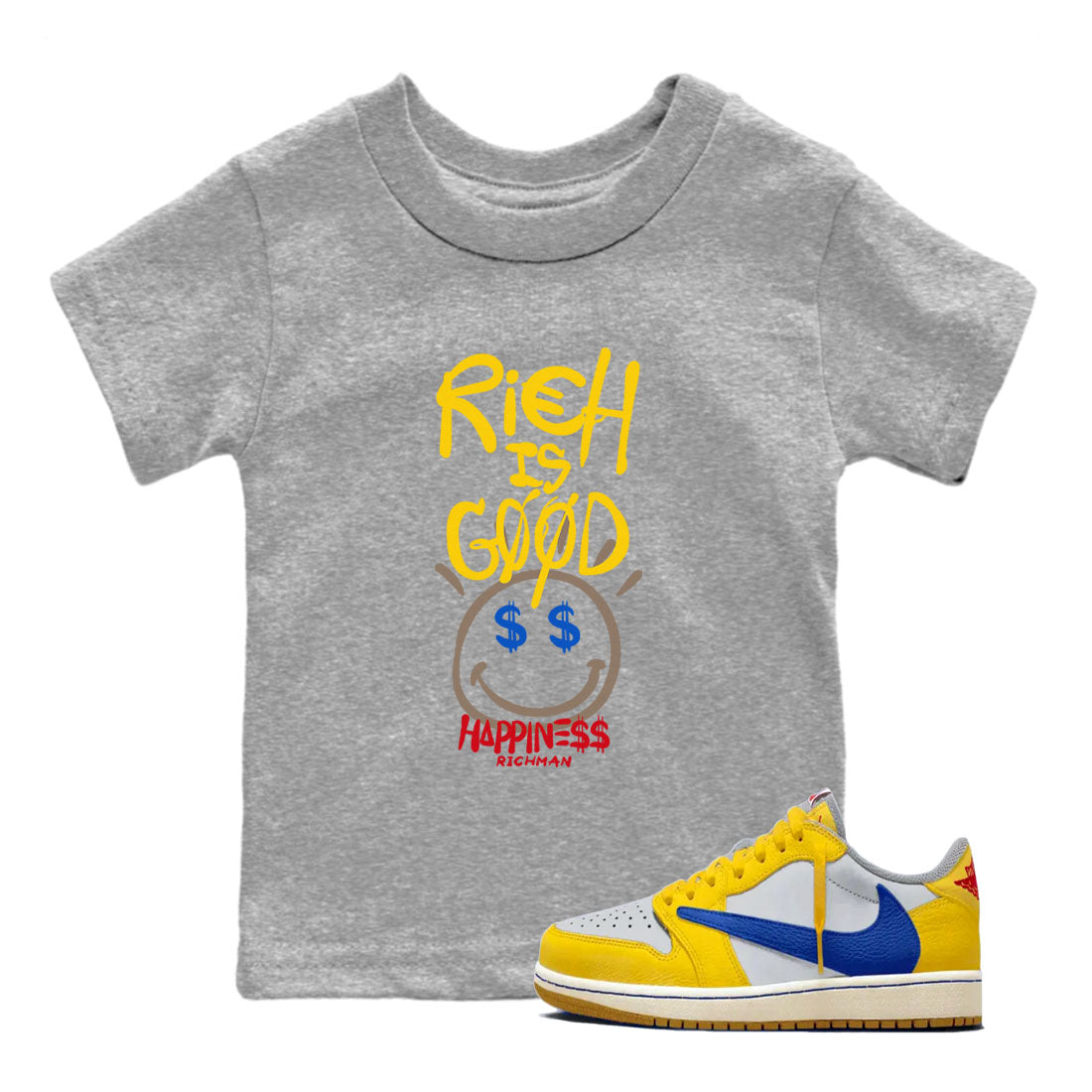 1s Travis Scott Canary shirt to match jordans Rich Is Good sneaker tees Air Jordan 1 Travis Scott Canary Drip Gear Zone baby toddler Heather Grey 1 cotton Shirt
