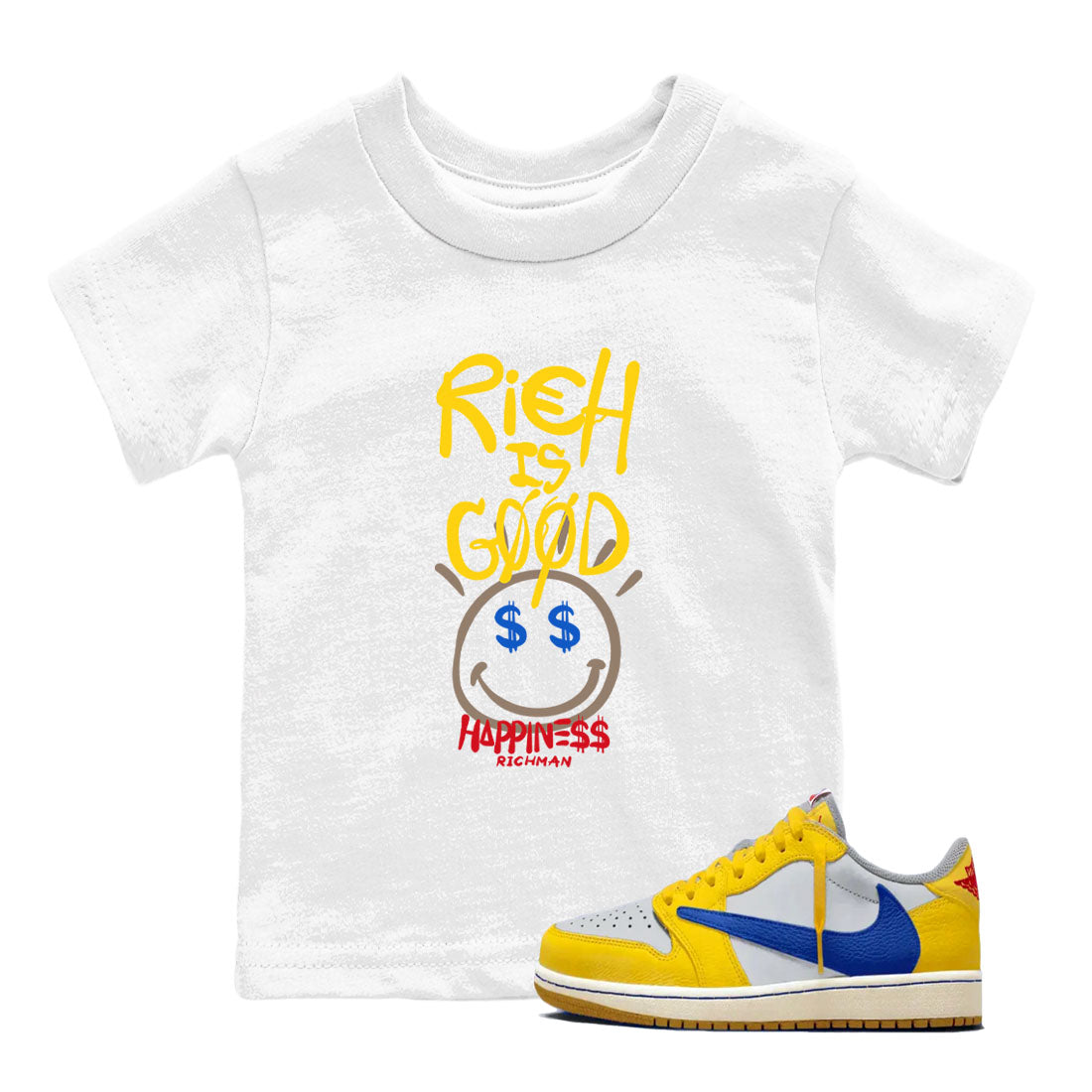 1s Travis Scott Canary shirt to match jordans Rich Is Good sneaker tees Air Jordan 1 Travis Scott Canary Drip Gear Zone baby toddler White 1 cotton Shirt
