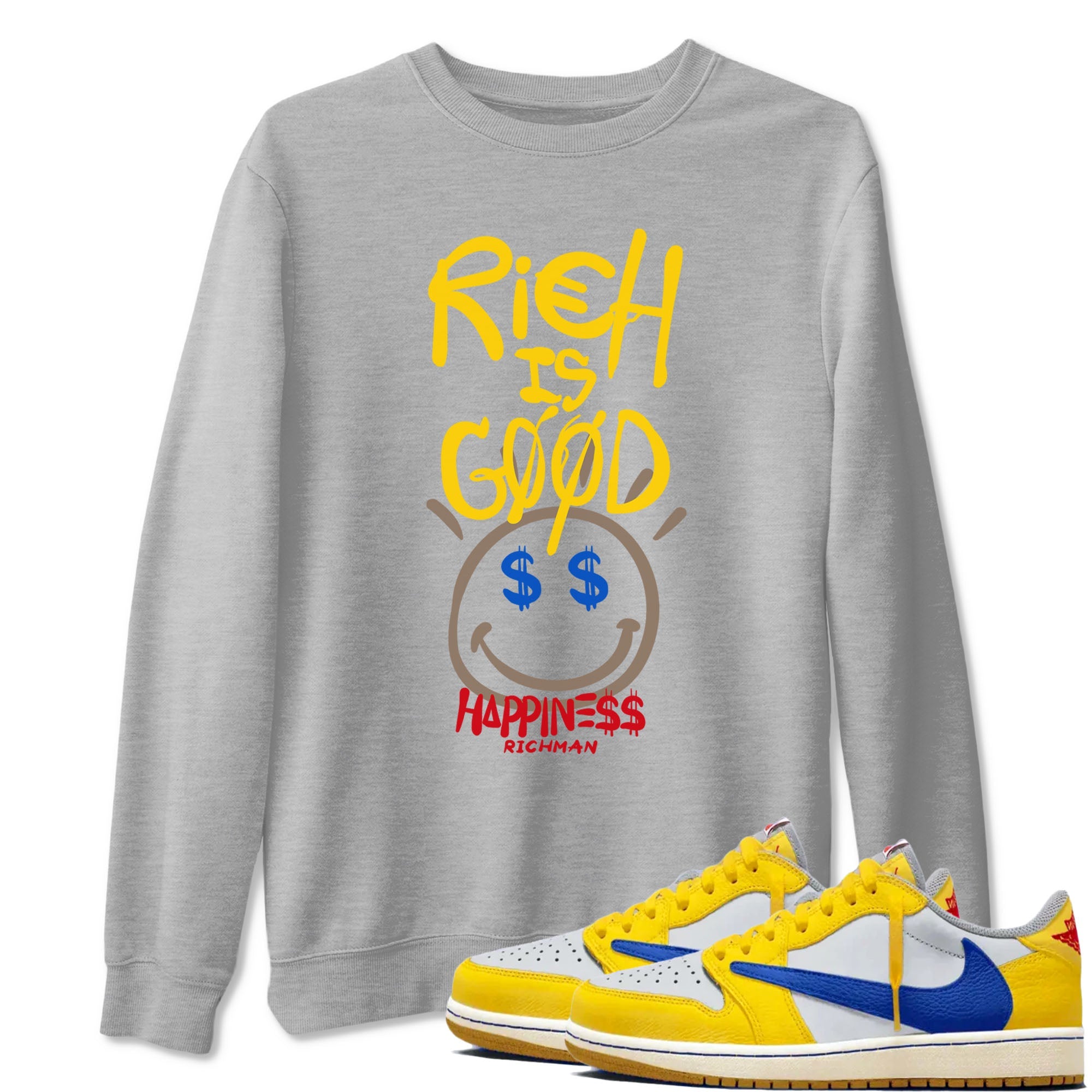 1s Travis Scott Canary shirt to match jordans Rich Is Good sneaker tees Air Jordan 1 Travis Scott Canary Drip Gear Zone unisex cotton Heather Grey 1 crew neck shirt