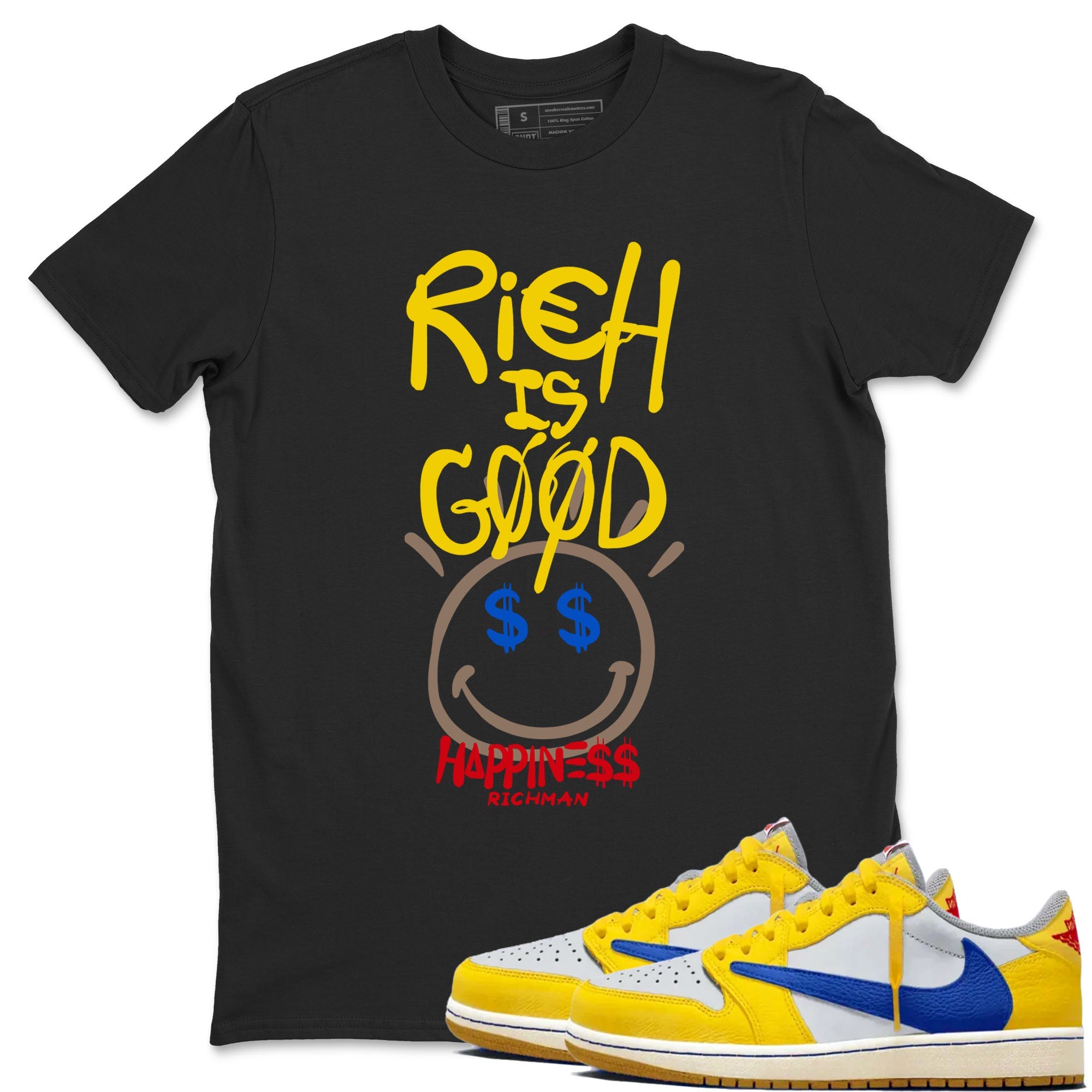1s Travis Scott Canary shirt to match jordans Rich Is Good sneaker tees Air Jordan 1 Travis Scott Canary Drip Gear Zone unisex cotton Black 1 crew neck shirt
