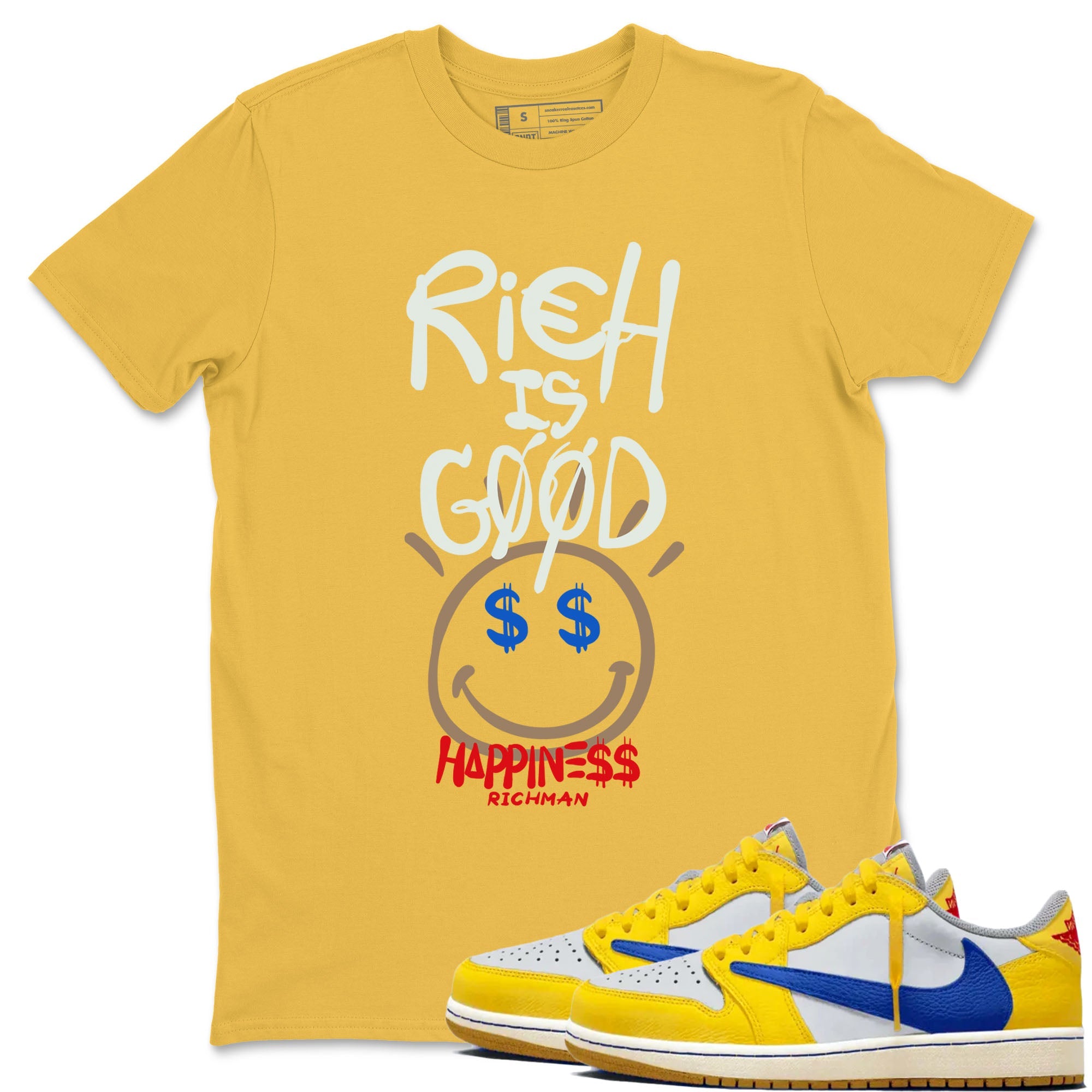 1s Travis Scott Canary shirt to match jordans Rich Is Good sneaker tees Air Jordan 1 Travis Scott Canary Drip Gear Zone unisex cotton Daisy 1 crew neck shirt