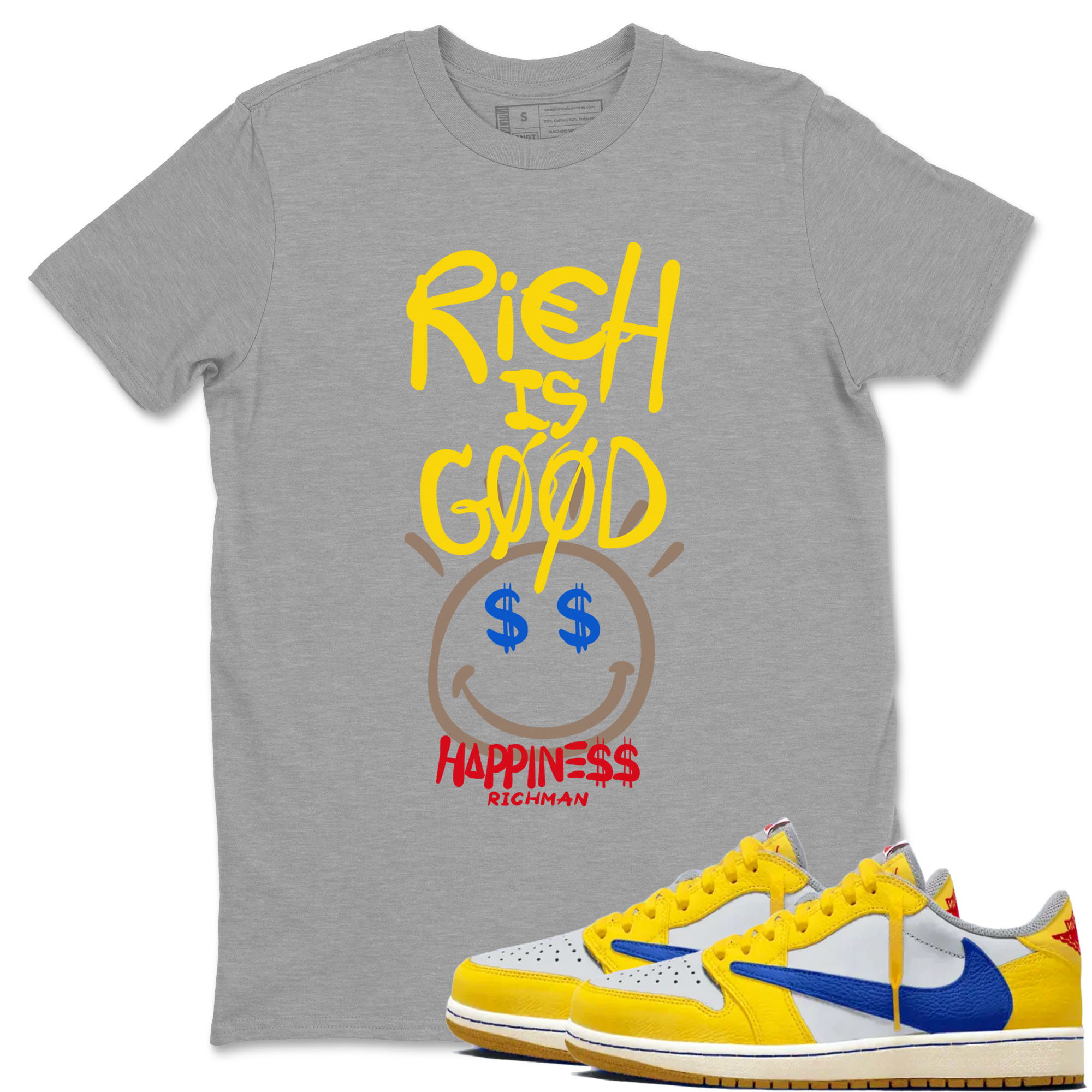 1s Travis Scott Canary shirt to match jordans Rich Is Good sneaker tees Air Jordan 1 Travis Scott Canary Drip Gear Zone unisex cotton Heather Grey 1 crew neck shirt