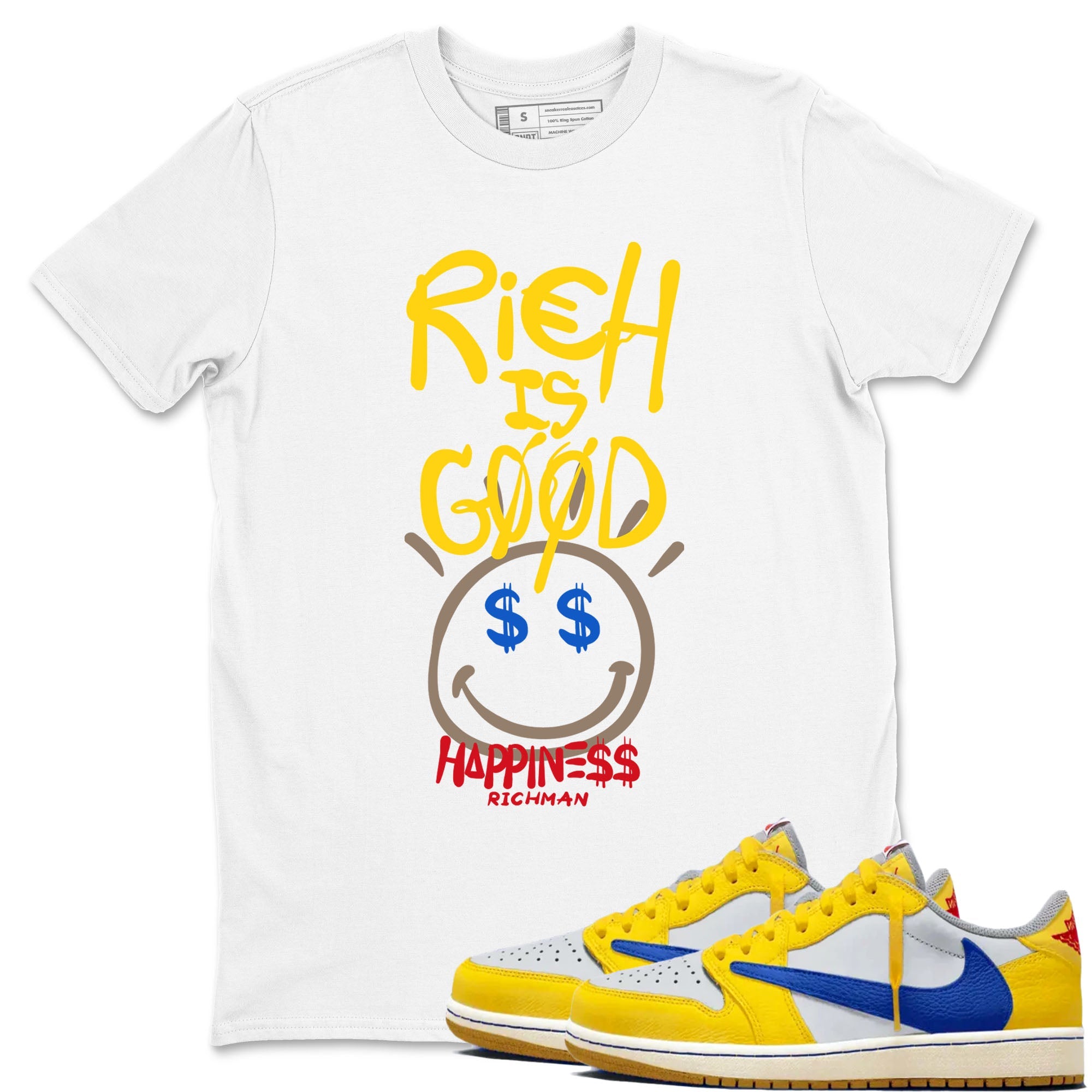 1s Travis Scott Canary shirt to match jordans Rich Is Good sneaker tees Air Jordan 1 Travis Scott Canary Drip Gear Zone unisex cotton White 1 crew neck shirt