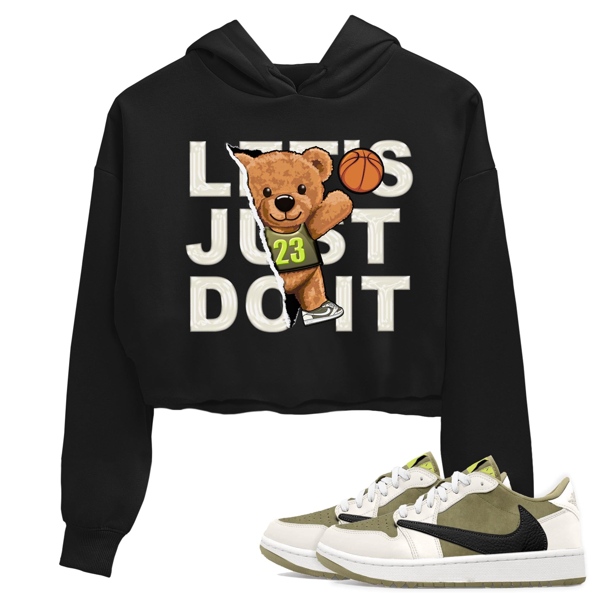 Jordan 1 Low X Travis Scott Golf Olive shirt to match jordans Rip Out Bear sneaker release tees Air Jordan 1 Travis Scott Golf Olive Drip Gear Zone Black 1 Crop T-Shirt