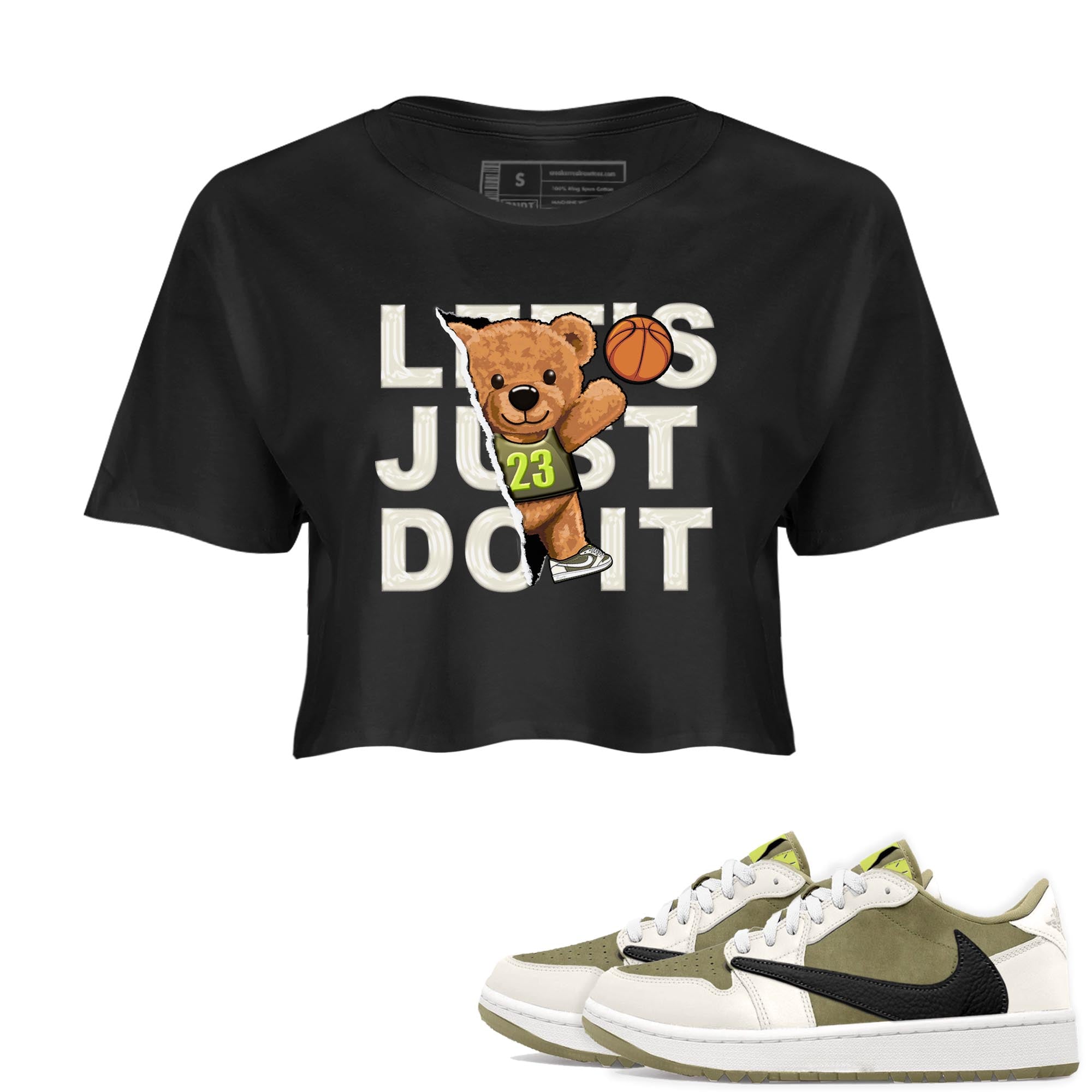 Jordan 1 Low X Travis Scott Golf Olive shirt to match jordans Rip Out Bear sneaker release tees Air Jordan 1 Travis Scott Golf Olive Drip Gear Zone Black 1 Crop T-Shirt