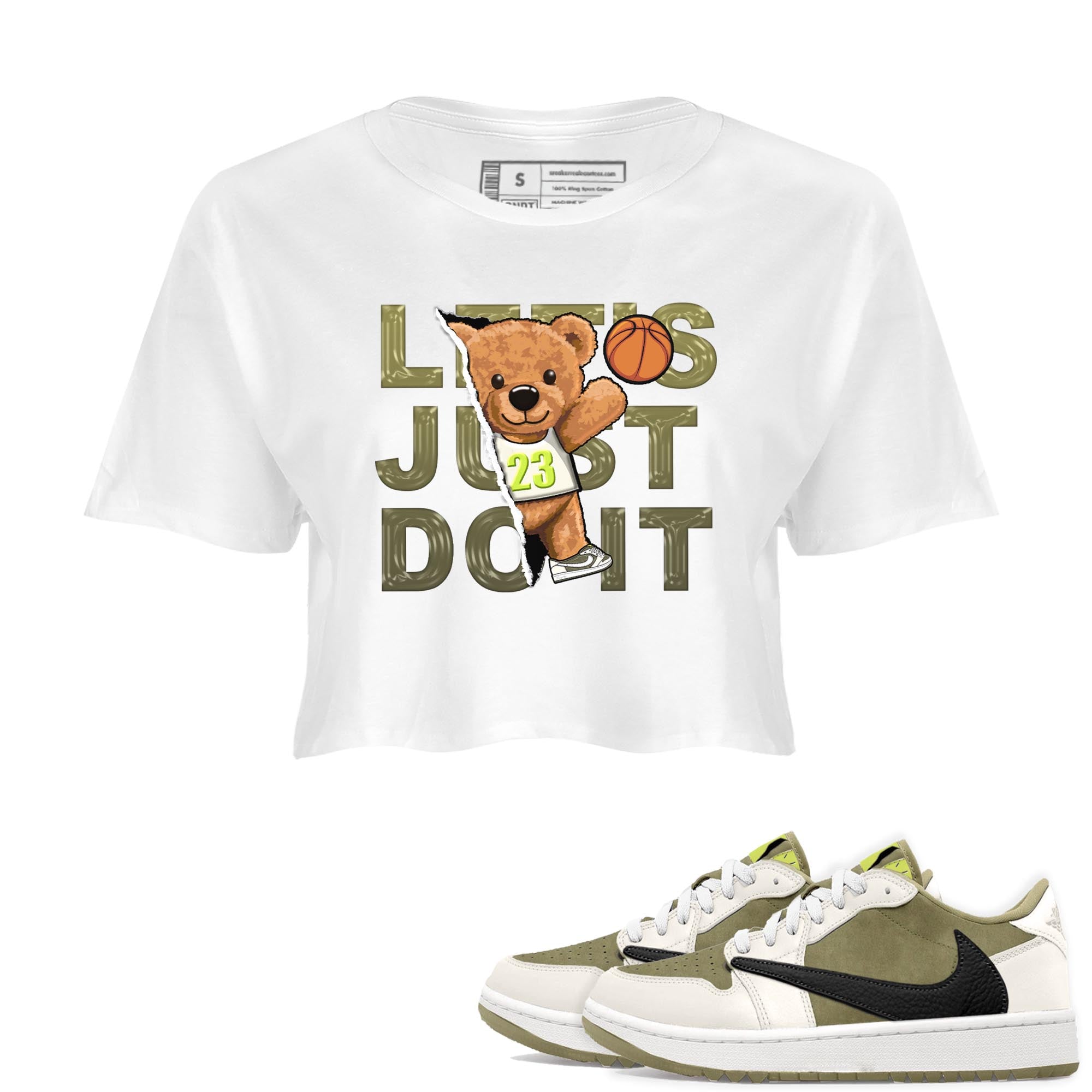 Jordan 1 Low X Travis Scott Golf Olive shirt to match jordans Rip Out Bear sneaker release tees Air Jordan 1 Travis Scott Golf Olive Drip Gear Zone White 1 Crop T-Shirt
