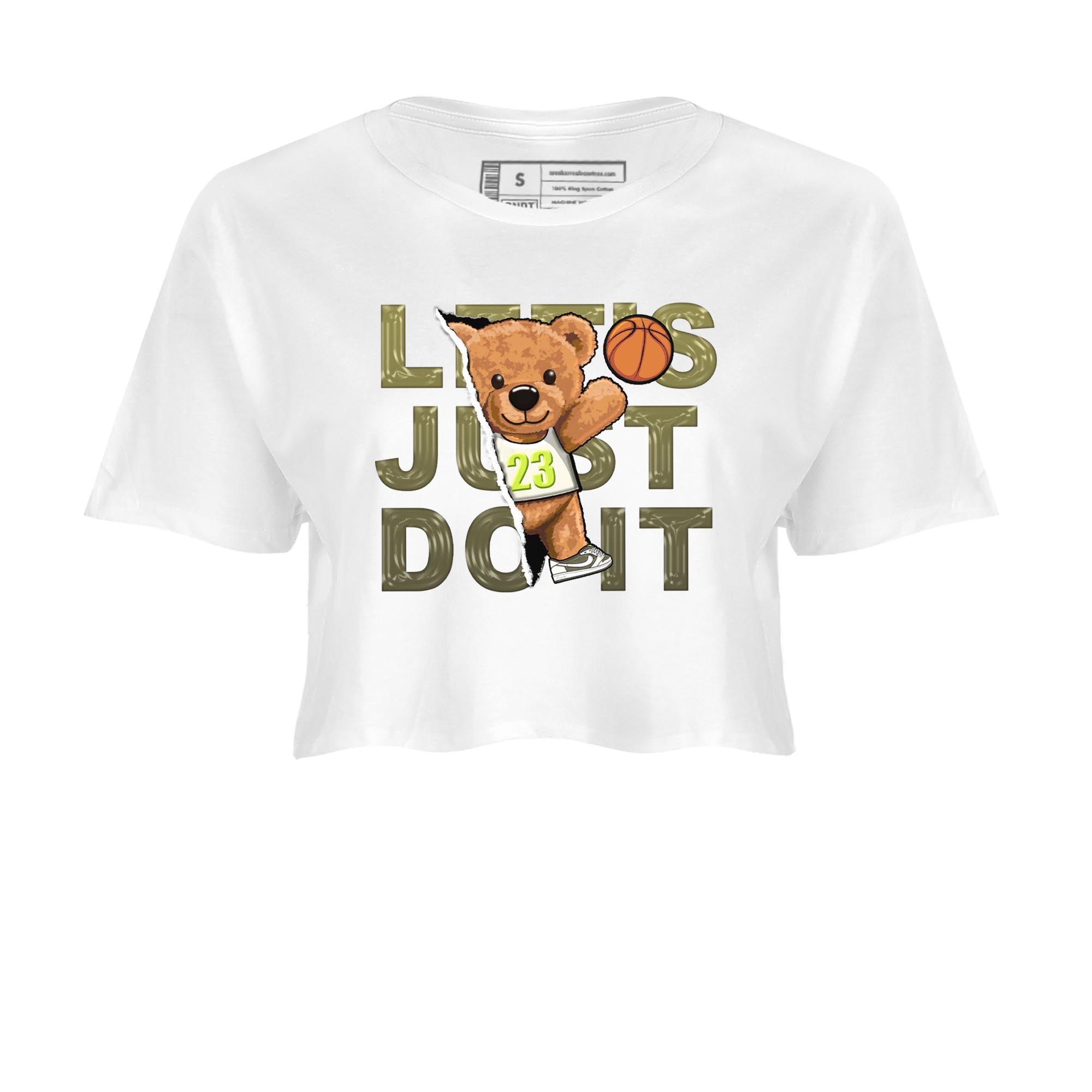 Jordan 1 Low X Travis Scott Golf Olive shirt to match jordans Rip Out Bear sneaker release tees Air Jordan 1 Travis Scott Golf Olive Drip Gear Zone White 2 Crop T-Shirt