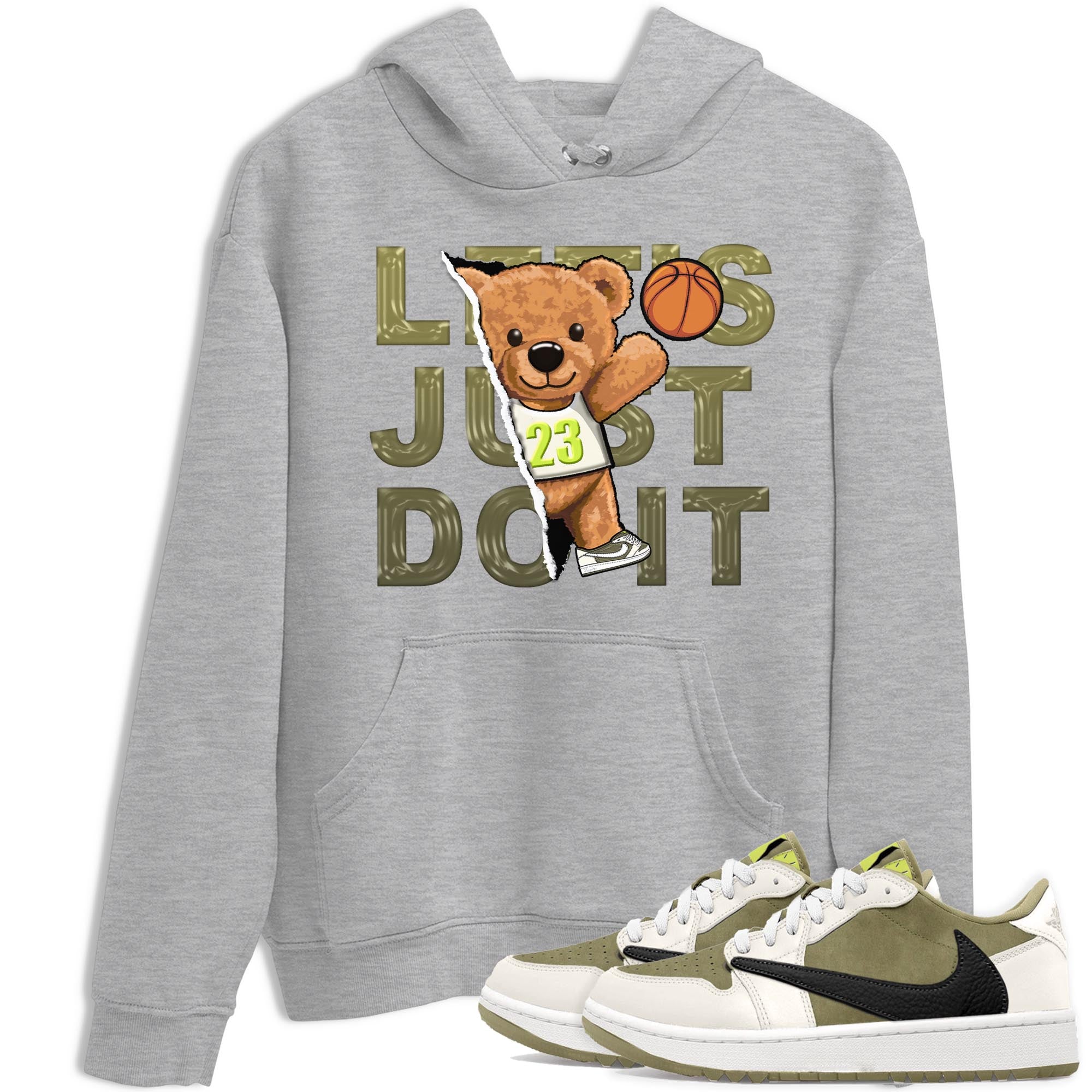 Jordan 1 Low X Travis Scott Golf Olive shirt to match jordans Rip Out Bear sneaker release tees Air Jordan 1 Travis Scott Golf Olive Drip Gear Zone Unisex Streetwear Clothing Heather Grey 1 T-Shirt