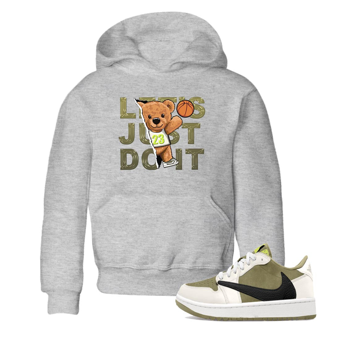 Jordan 1 Low X Travis Scott Golf Olive shirt to match jordans Rip Out Bear sneaker release tees Air Jordan 1 Travis Scott Golf Olive Drip Gear Zone Baby Toddler Heather Grey 1 T-Shirt