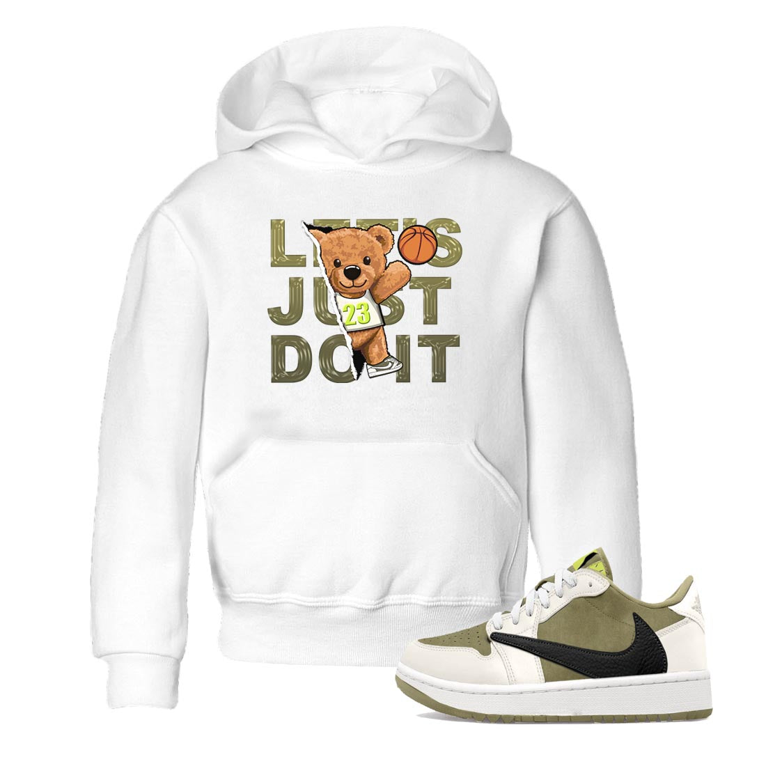 Jordan 1 Low X Travis Scott Golf Olive shirt to match jordans Rip Out Bear sneaker release tees Air Jordan 1 Travis Scott Golf Olive Drip Gear Zone Baby Toddler White 1 T-Shirt