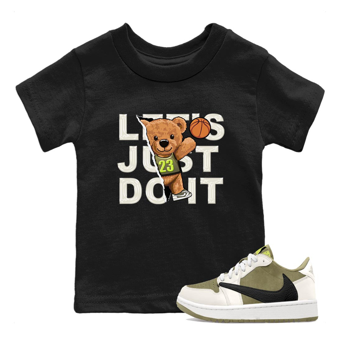 Jordan 1 Low X Travis Scott Golf Olive shirt to match jordans Rip Out Bear sneaker release tees Air Jordan 1 Travis Scott Golf Olive Drip Gear Zone Baby Toddler Black 1 T-Shirt