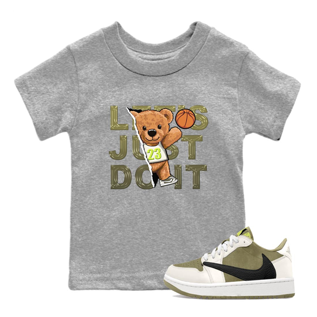 Jordan 1 Low X Travis Scott Golf Olive shirt to match jordans Rip Out Bear sneaker release tees Air Jordan 1 Travis Scott Golf Olive Drip Gear Zone Baby Toddler Heather Grey 1 T-Shirt