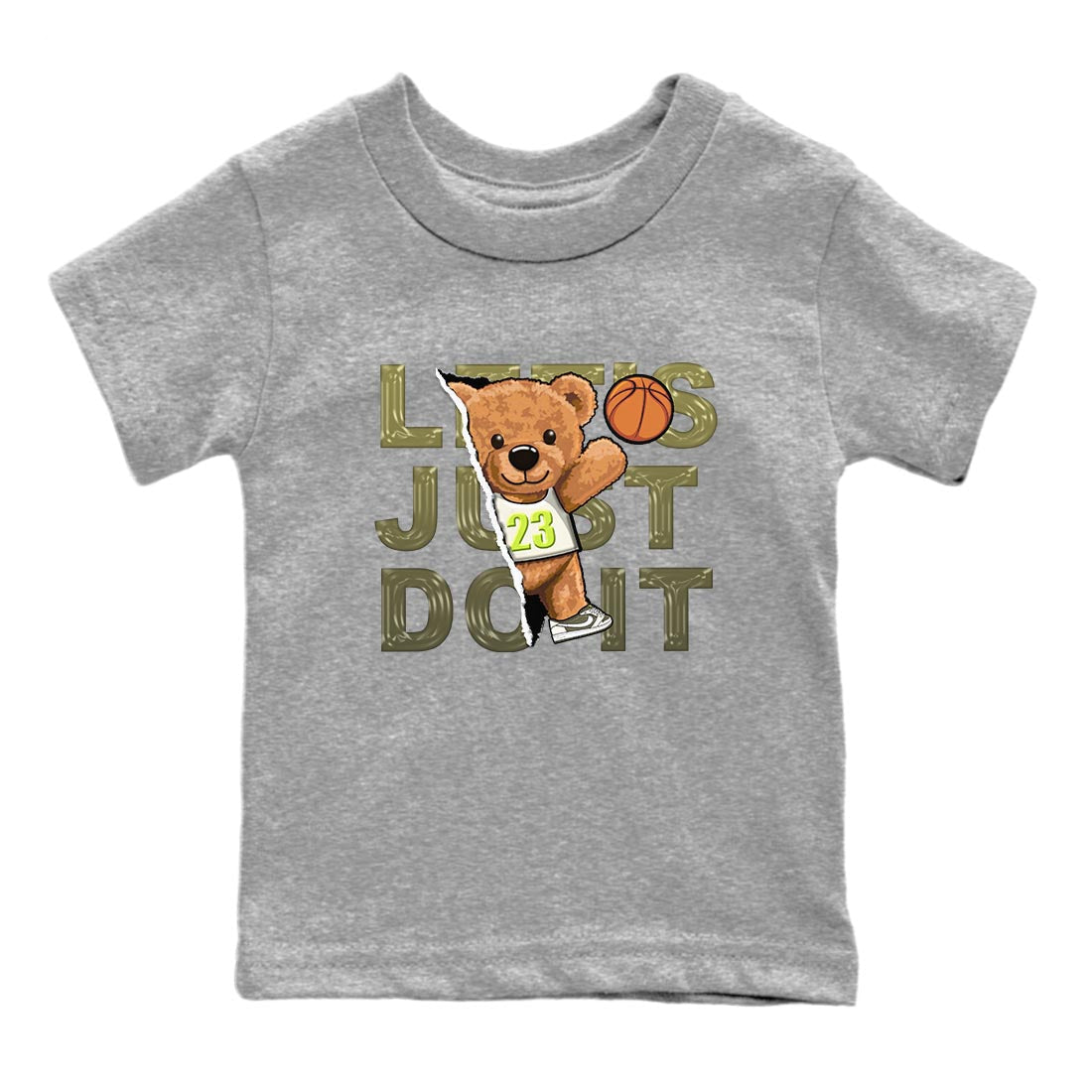 Jordan 1 Low X Travis Scott Golf Olive shirt to match jordans Rip Out Bear sneaker release tees Air Jordan 1 Travis Scott Golf Olive Drip Gear Zone Baby Toddler Heather Grey 2 T-Shirt