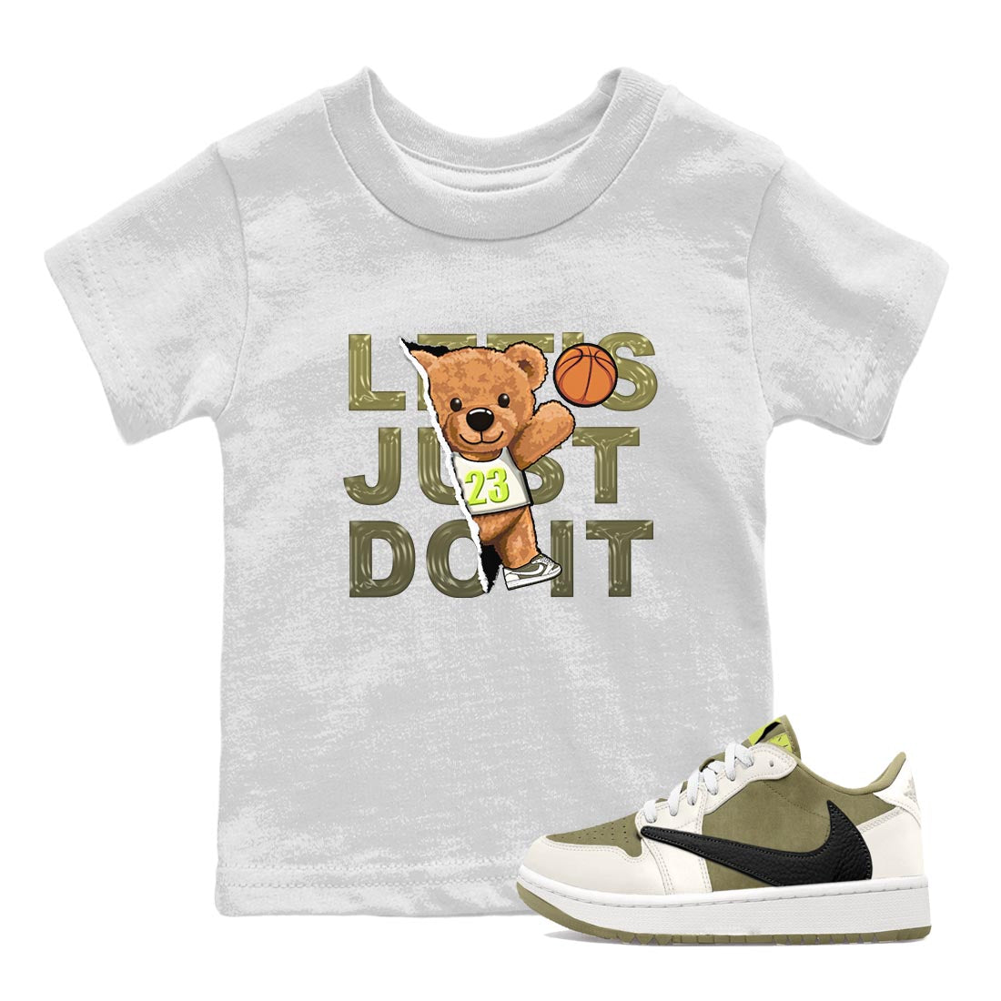 Jordan 1 Low X Travis Scott Golf Olive shirt to match jordans Rip Out Bear sneaker release tees Air Jordan 1 Travis Scott Golf Olive Drip Gear Zone Baby Toddler White 1 T-Shirt