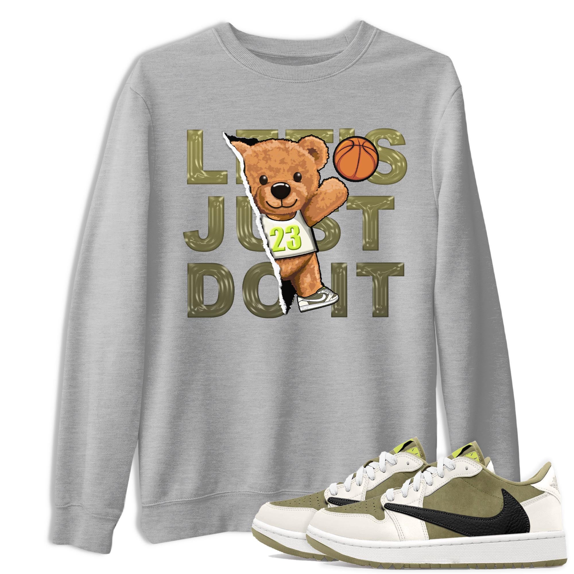 Jordan 1 Low X Travis Scott Golf Olive shirt to match jordans Rip Out Bear sneaker release tees Air Jordan 1 Travis Scott Golf Olive Drip Gear Zone Unisex Streetwear Clothing Heather Grey 1 T-Shirt