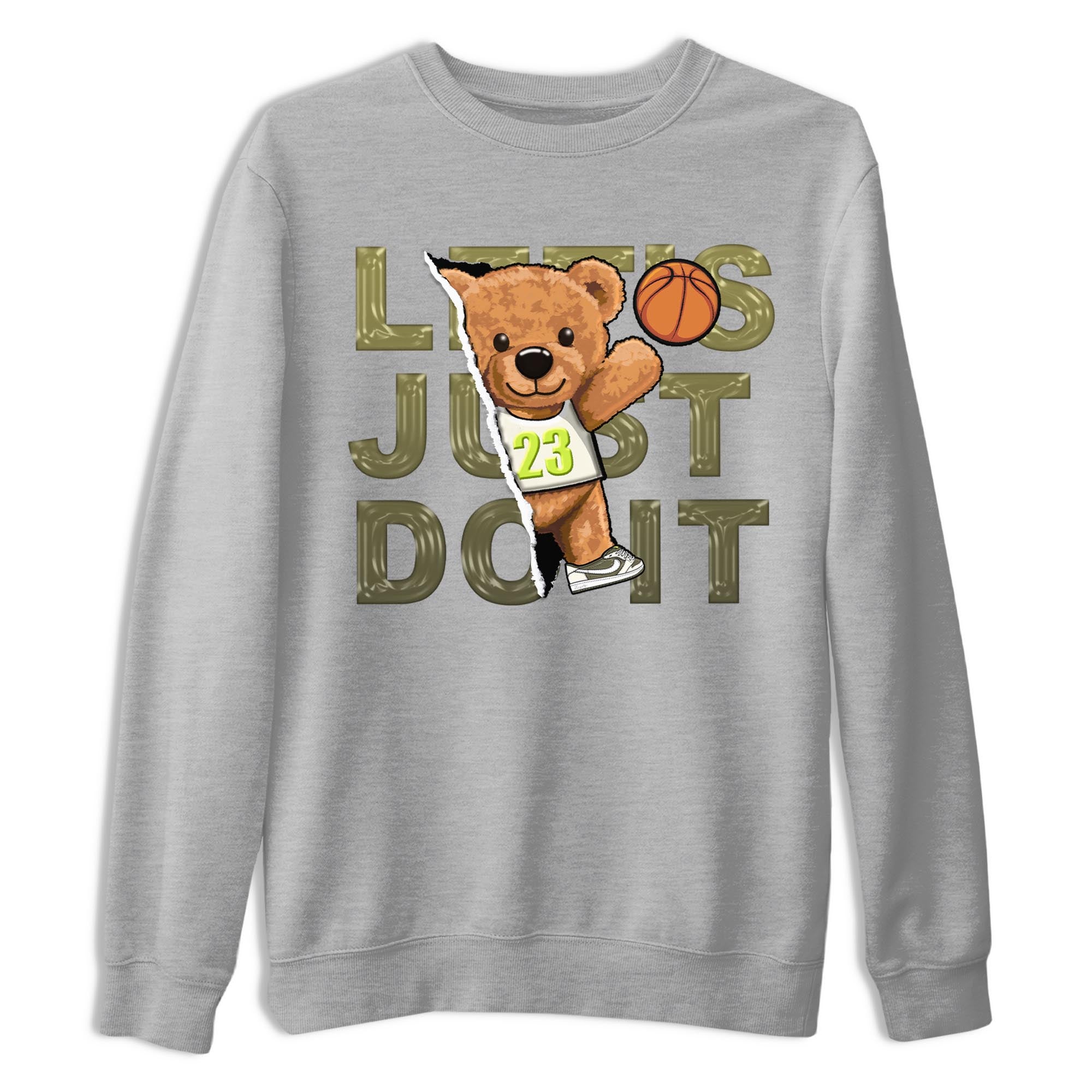 Jordan 1 Low X Travis Scott Golf Olive shirt to match jordans Rip Out Bear sneaker release tees Air Jordan 1 Travis Scott Golf Olive Drip Gear Zone Unisex Streetwear Clothing Heather Grey 2 T-Shirt
